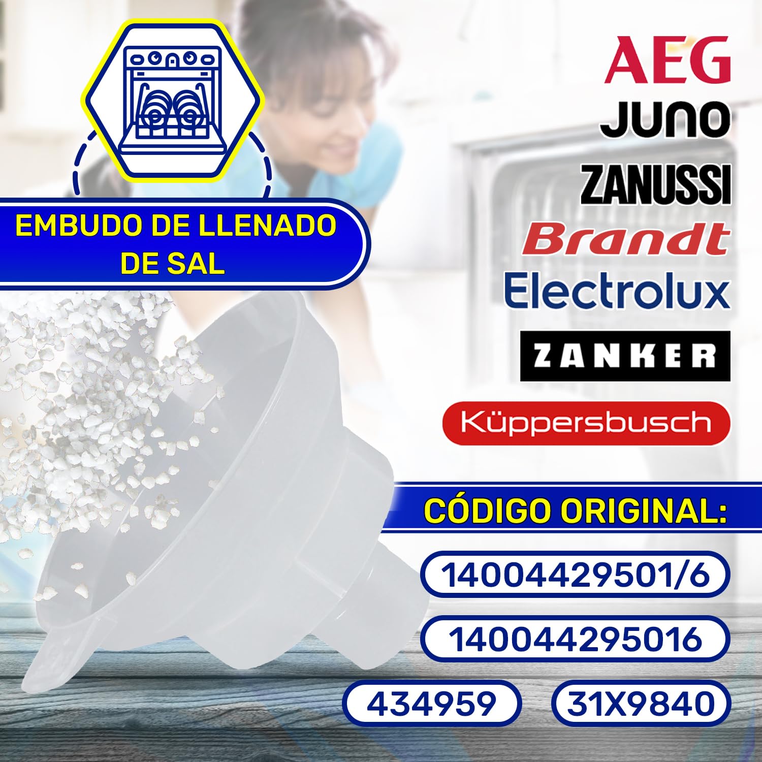 Embudo de Sal para Lavavajillas 14004429501/6 para Aeg para Electrolux | para Juno para Zanussi - Garantía de 10 Años - MONTERAL