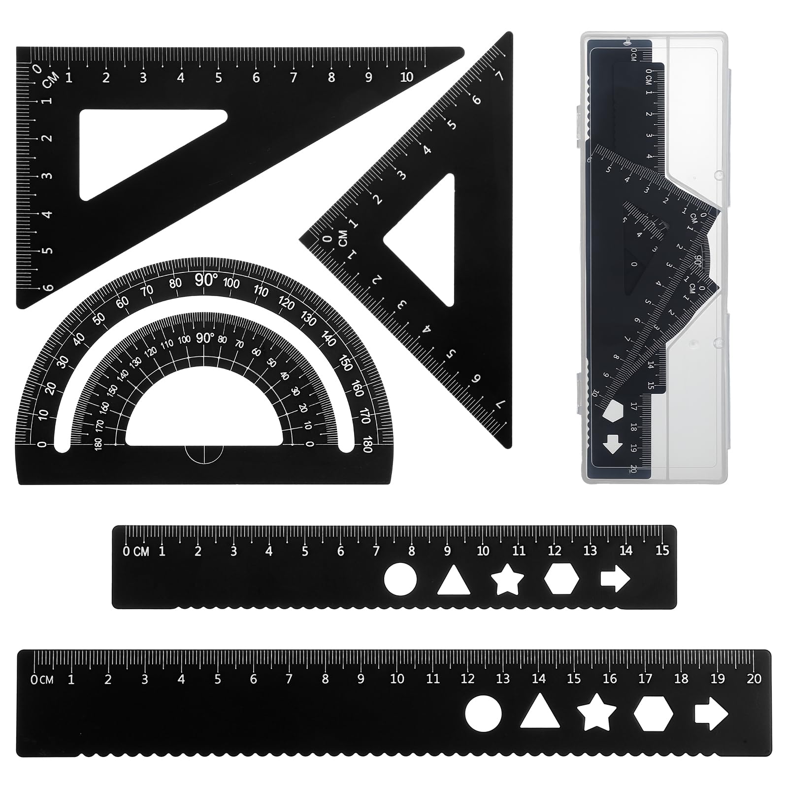5Pcs Metal Geometry Set, Math Geometry Tool Set with Protractors, Triangle Rulers, Rulers, Compass for Math, School, Office (Black)