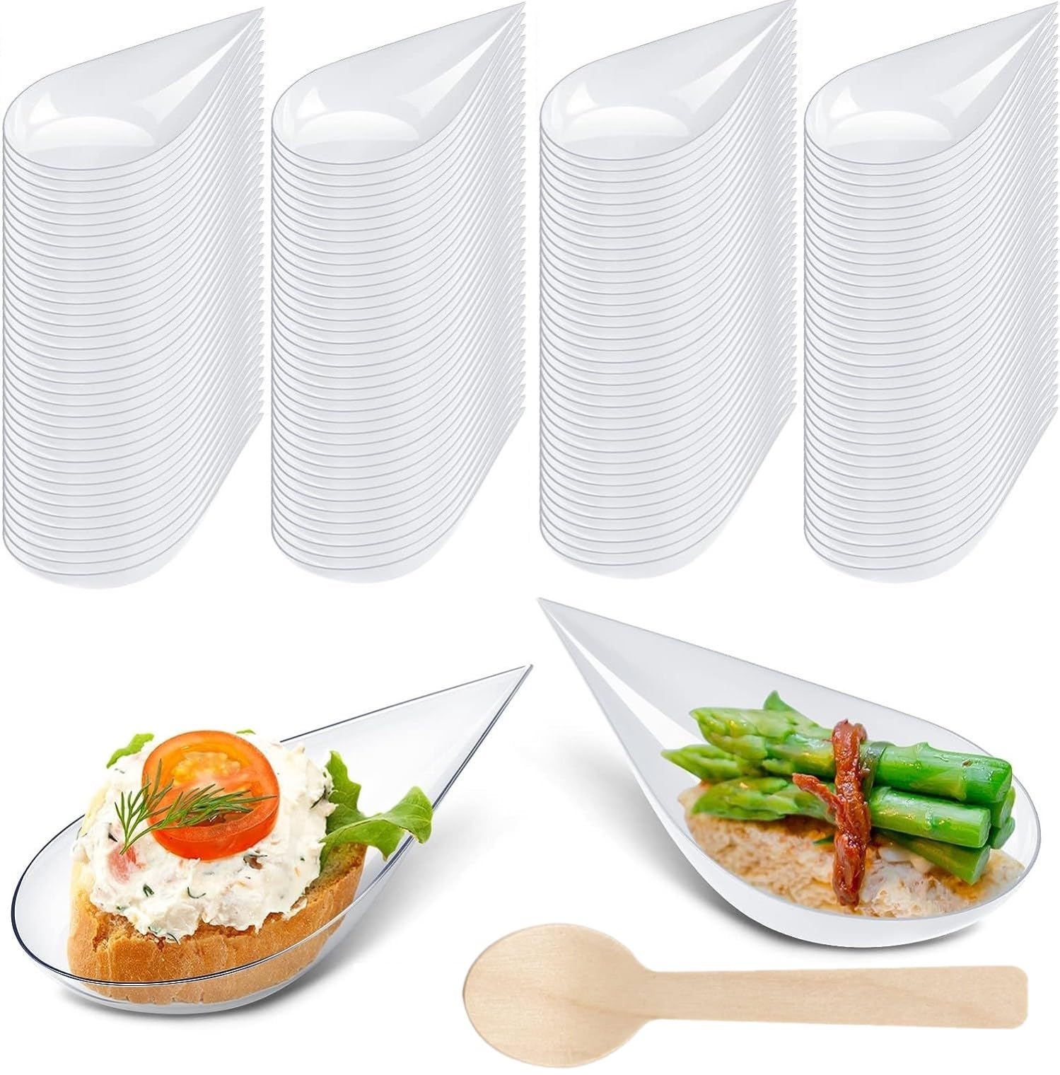 LATERN 100Pcs Plastic Appetizer Plates with Wood Spoons, 5CM Tear Drop Dessert Tasting Dishes Clear Parfait Appetizer Bowls Reusable Serving Plates for Dessert Appetizers Sample Party (10 x 5cm)