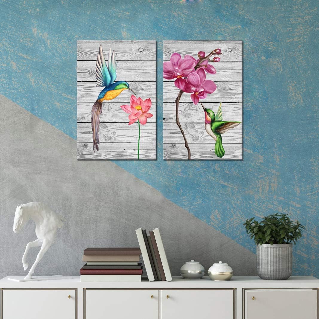Hot Deals SkenoArt 2 Piece Bird Canvas Wall Art Hummingbird Lotus and Butterfly Orchid Picture Red Floral and Animal Painting Artwork Residence Decoration Kitchen Bedroom Bathroom Home Decor 16x24x2 PCS