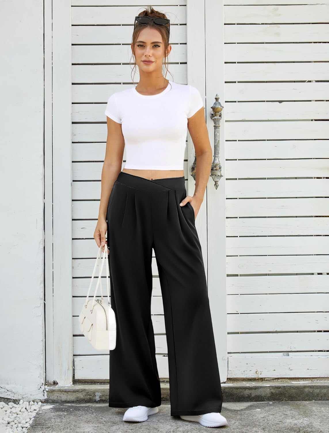 FireSwan Womens Wide Leg Work Pants Crossover Pleated Front Casual Slacks Flowy Palazzo Trousers with Pockets - Image 3