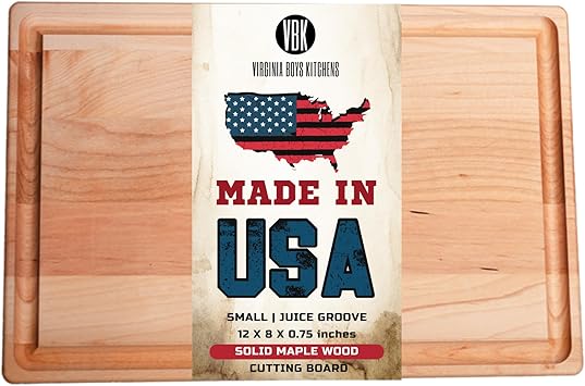 Made in USA Solid Maple Wood Cutting Board by Virginia Boys Kitchens - Butcher Block Wooden Carving Board with Juice Groove made from Sustainable North American Hardwood (8x12)