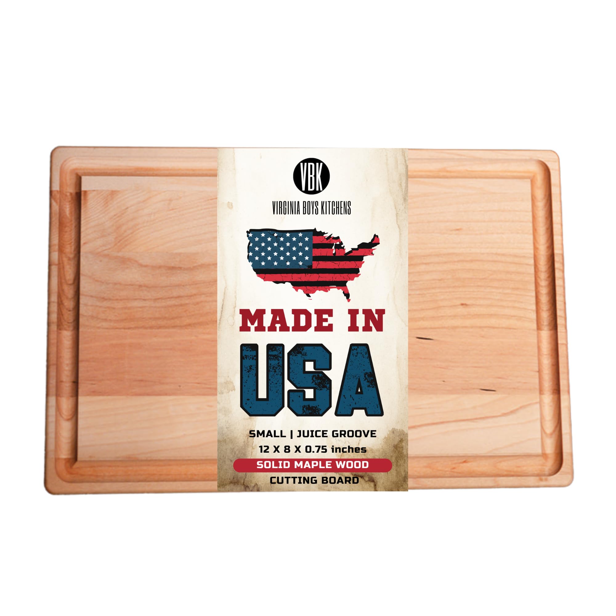 Made in USA Solid Maple Wood Cutting Board by Virginia Boys Kitchens - Butcher Block Wooden Carving Board with Juice Groove made from Sustainable North American Hardwood (8x12), VB-MAPLE-0812