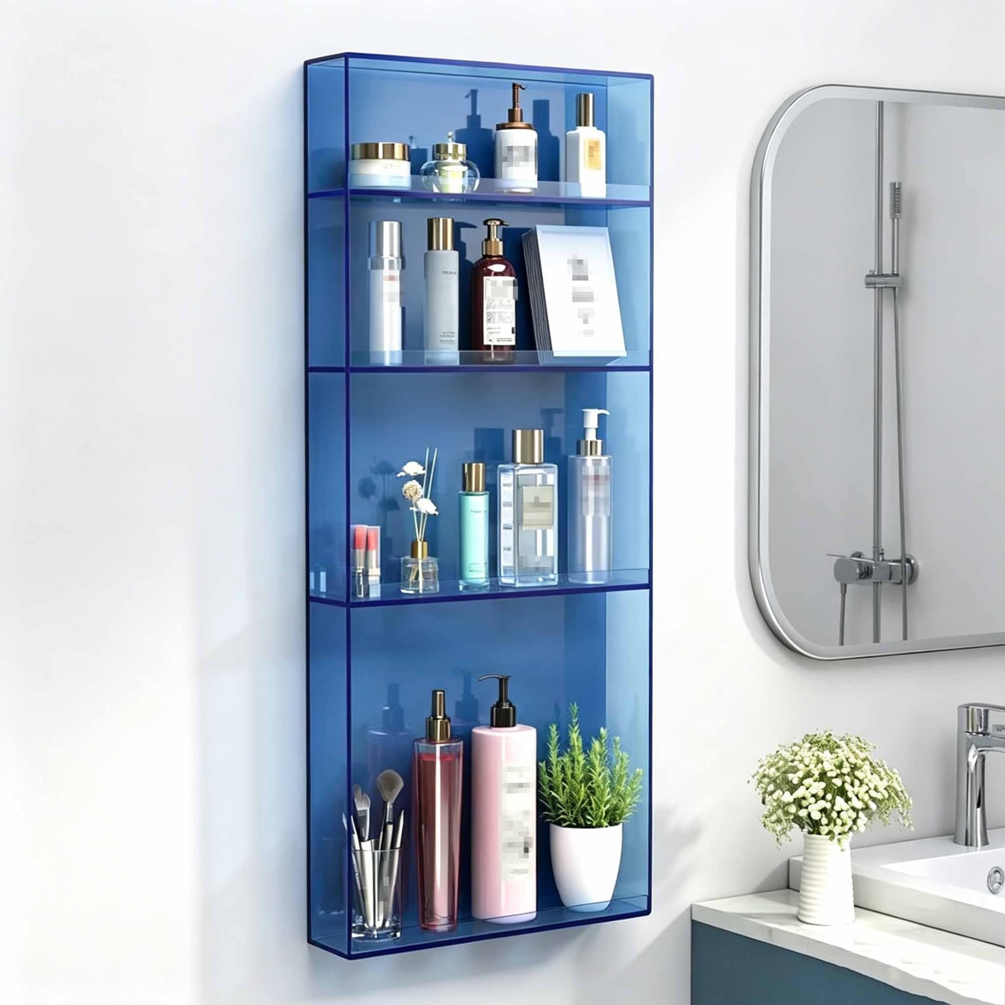 Dalumian Floating Shelves for Wall Decor, Acrylic Magazine Holder, Space-Saving Floating Shelves Wall Organizer for Perfume, Make up, Skincare(Blue,4-TIER)