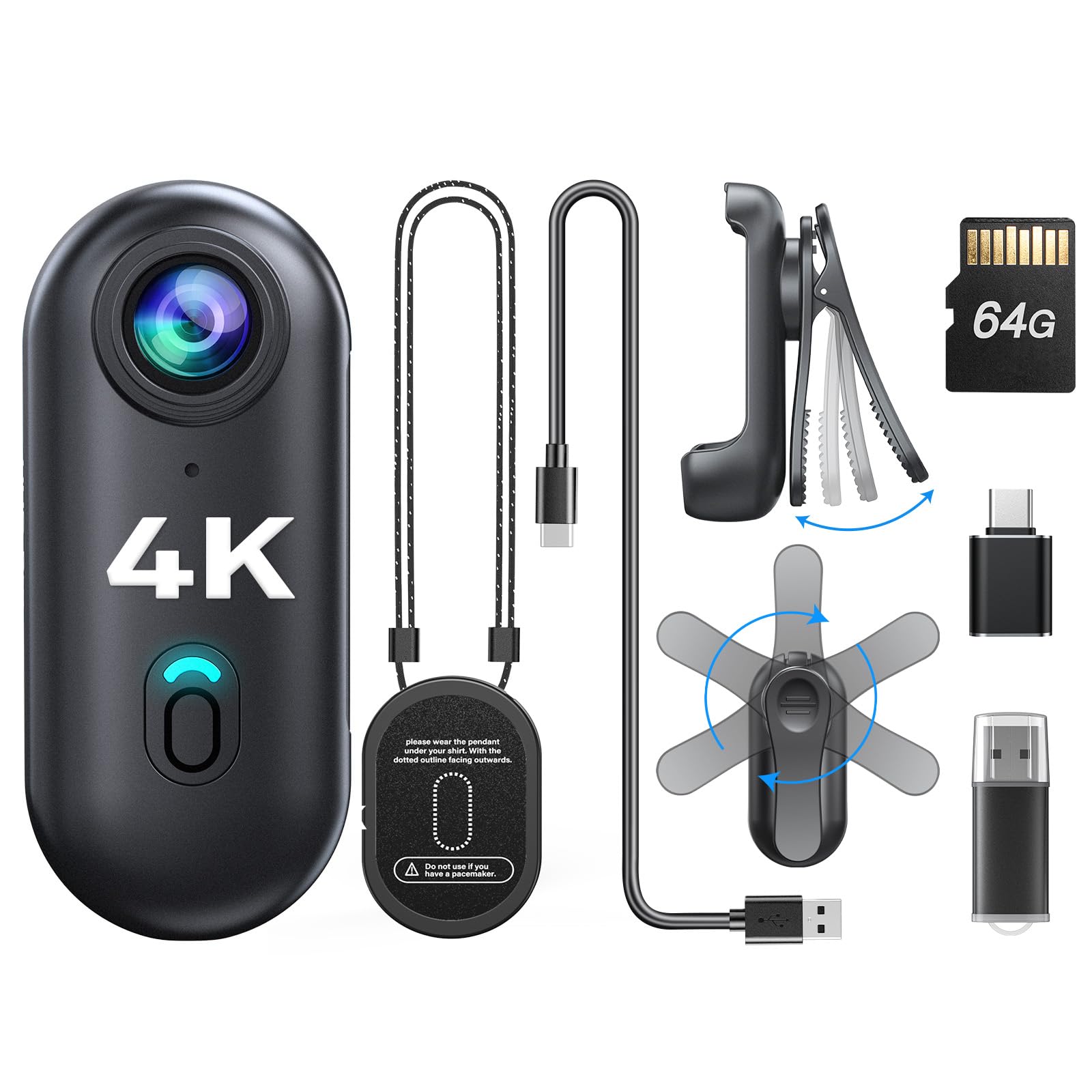 BOBLOV W4 4K Mini Body Camera, Wearable 64GB Camera with 360°Rotatable Clip & Magnetic Clip, 120 Minutes for recording, Easy to Use and Take for Lecture, Traveling, Pet Walking and Outdoors Activities 4K-64G