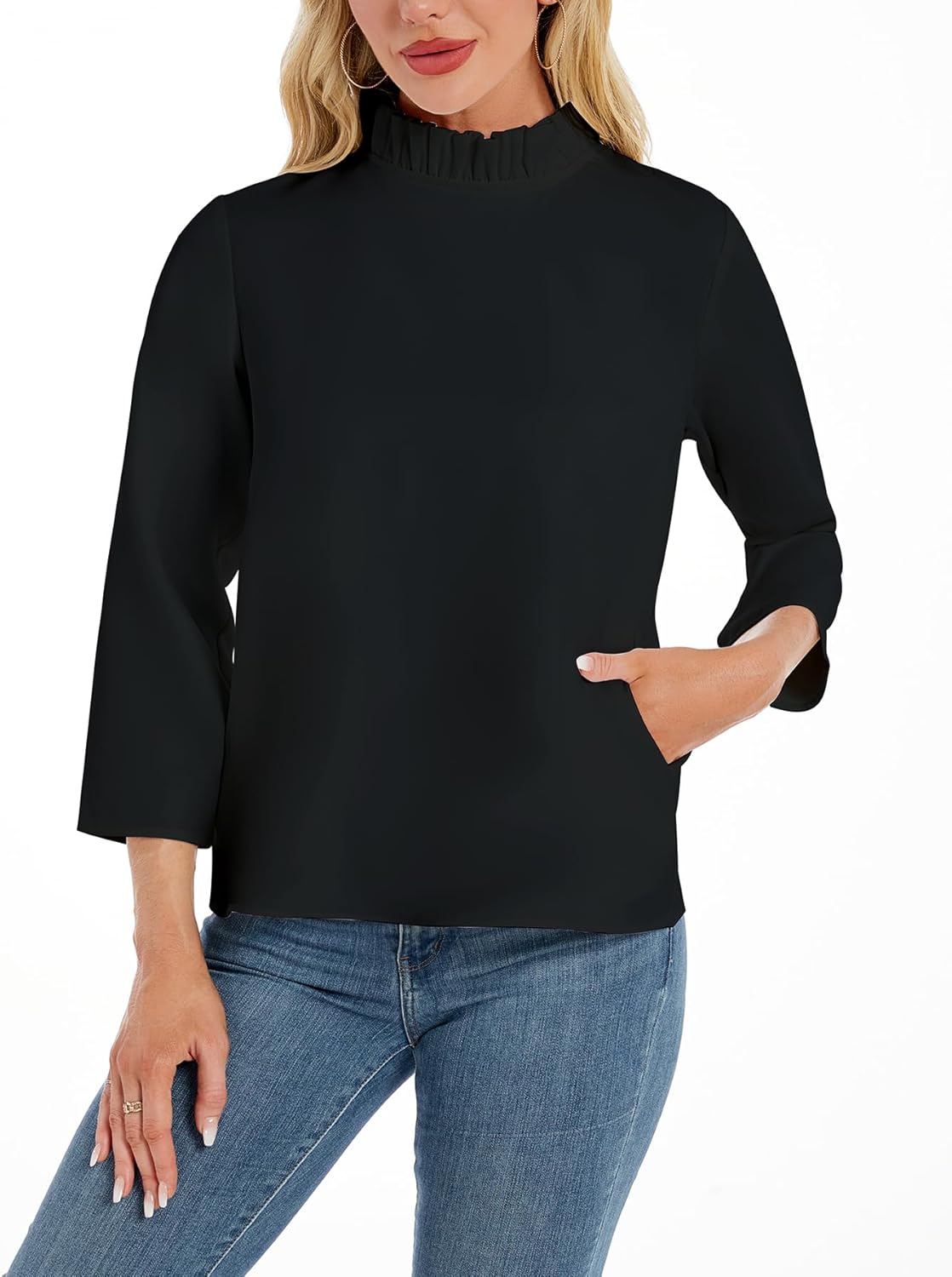 Kedera Women's Ruffle Mock Neck Blouses Top 3/4 Sleeves Elegant Shirt Bow Top with Pockets - Image 3