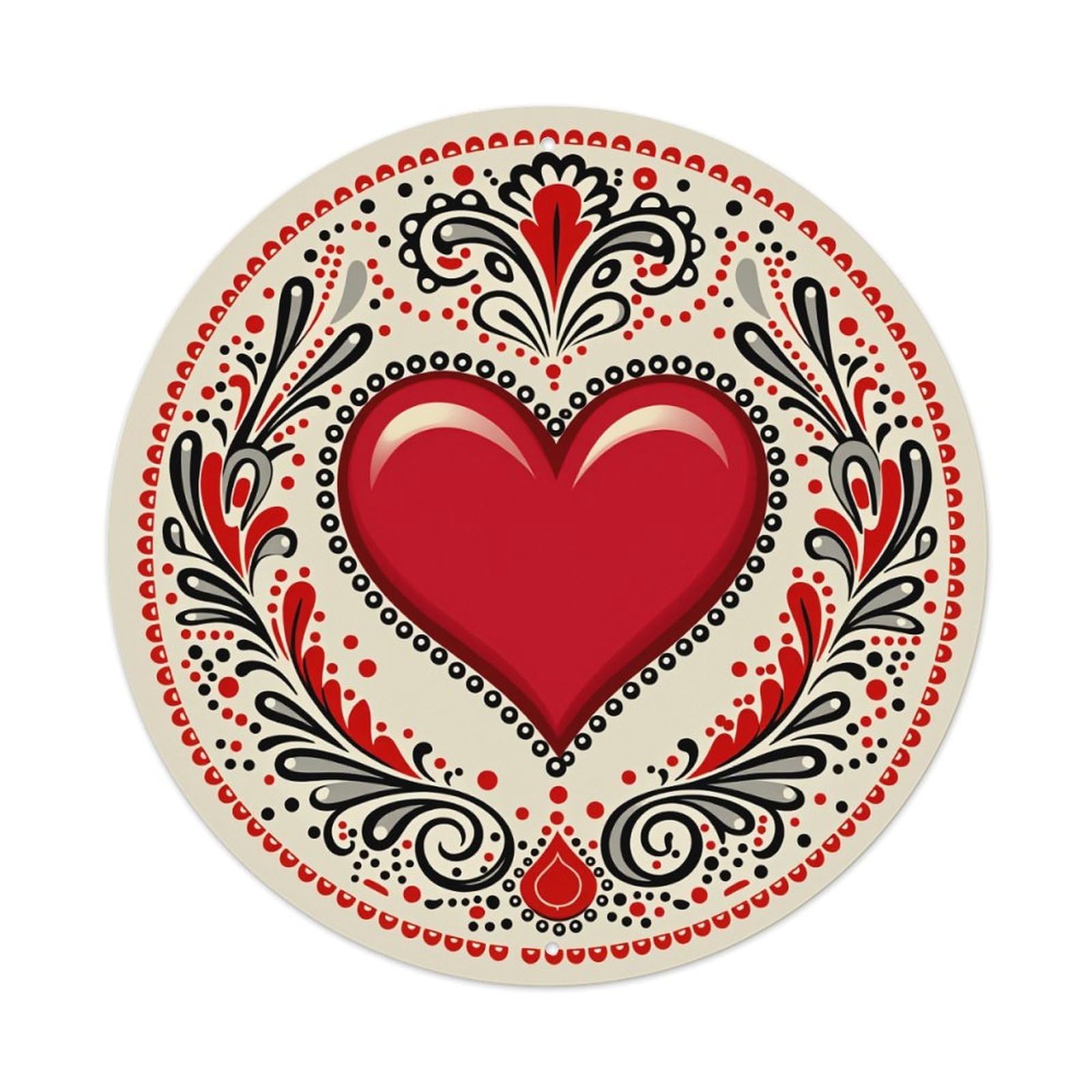 Red Heart With Ornate Black And Red Floral Pattern Round Vintage Tin Sign,Retro Wall Art,Metal Poster for Home, Bar, Garage, Cafe, Rustic Indoor & Outdoor Decor, 8x8 Inches
