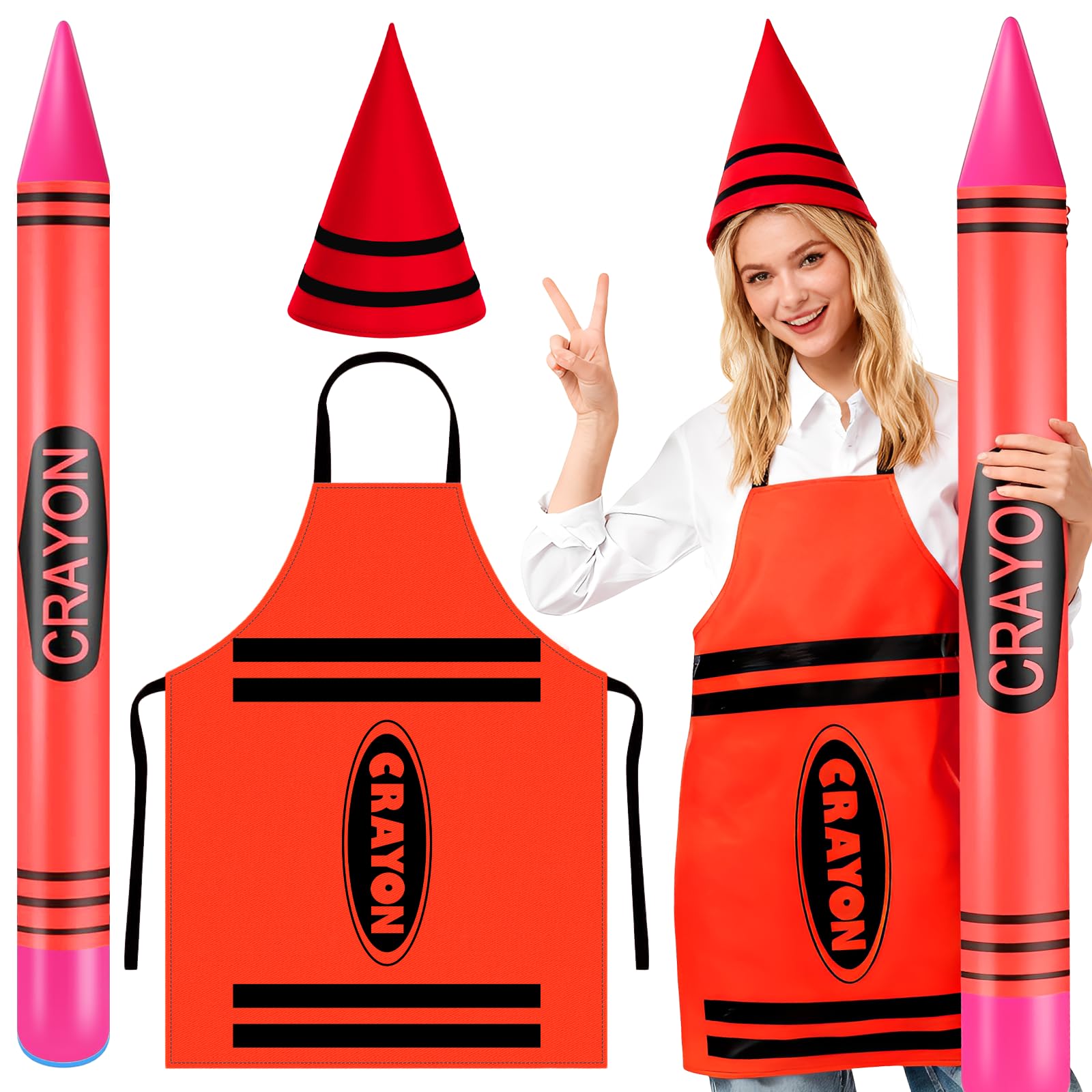 Kyndara 3Pcs Colorful Crayon Costume Set for Adult, Crayon Apron Costume Kit with Apron Felt Hat for World Book Day Themed Parties Halloween Dress Up (Red)