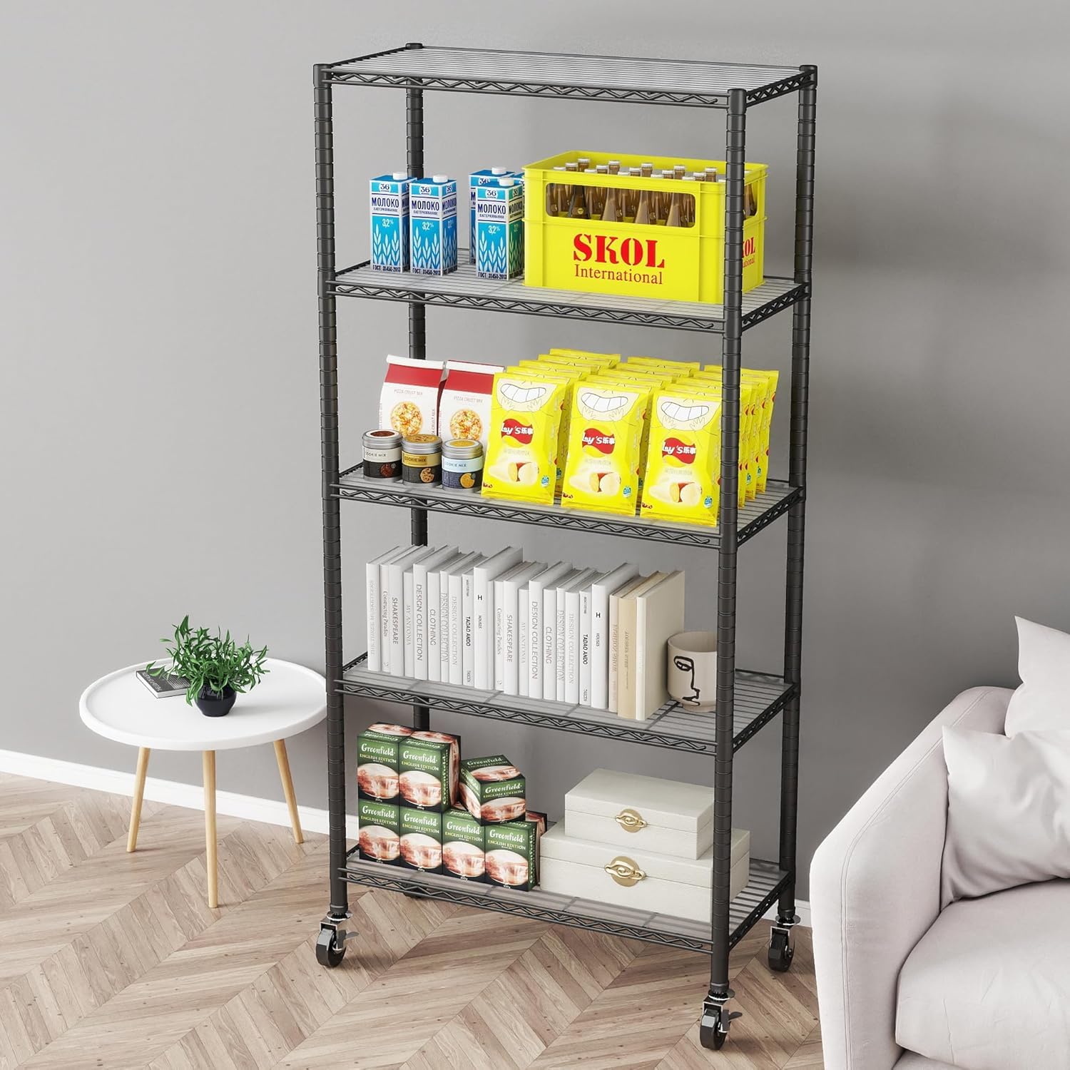 Scaffale a 5 ripiani in filo metallico resistente, con ruote, regolabile, 180 x 91 x 35 cm, per cucina e garage, soluzioni di archiviazione di livello commerciale