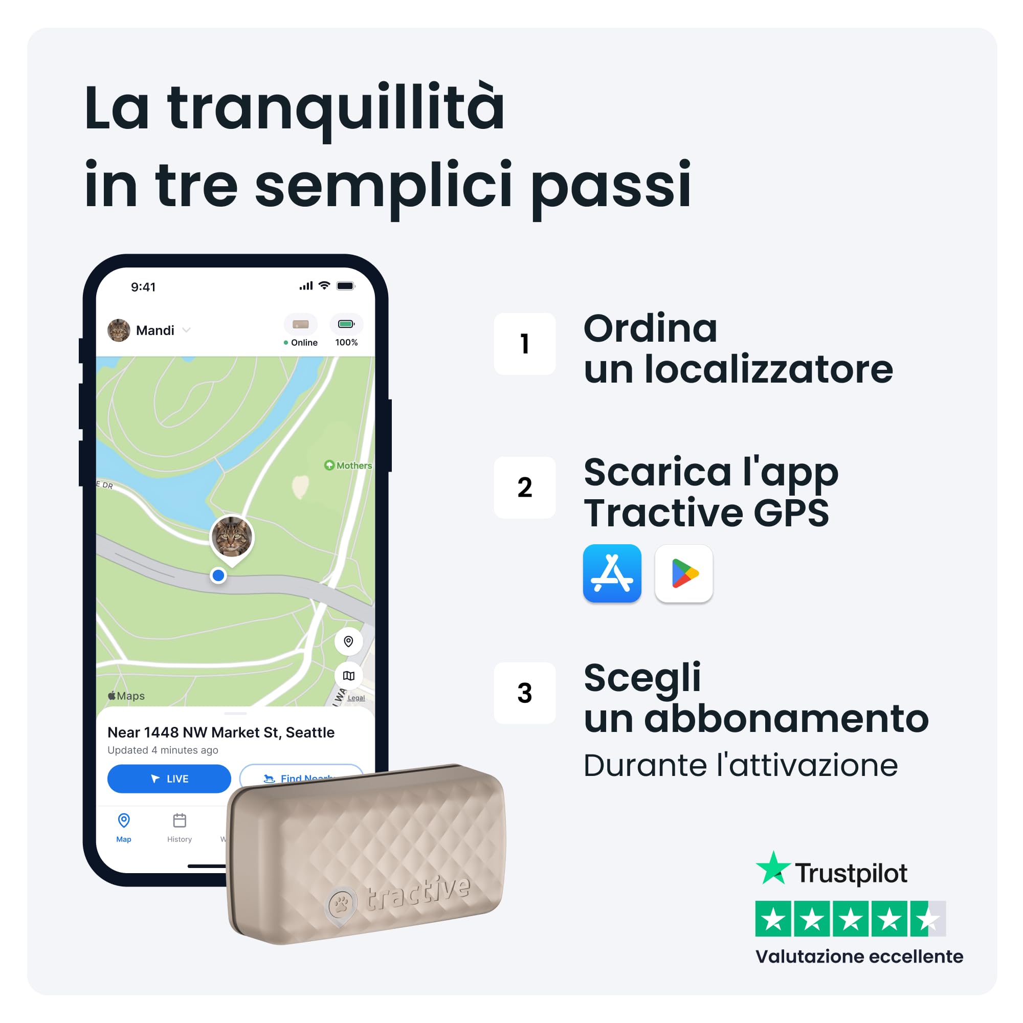 Tractive - GPS gatto modello Mini | N. 1 sul mercato | Localizzazione in tempo reale | Cronologia delle posizioni | Monitoraggio dell'attività | Collare incluso