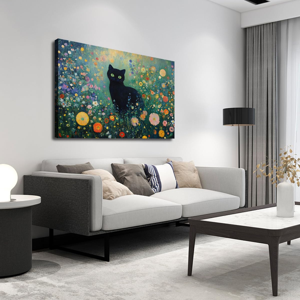 Via Vela Gustav Klimt Impressionist Leinwand Wandkunst Schwarze Katze Blumengarten Wandbild Wildblumenwiese Kunstdruck Bild für Badezimmer Wohnzimmer Apartment Dekor 40x60cm