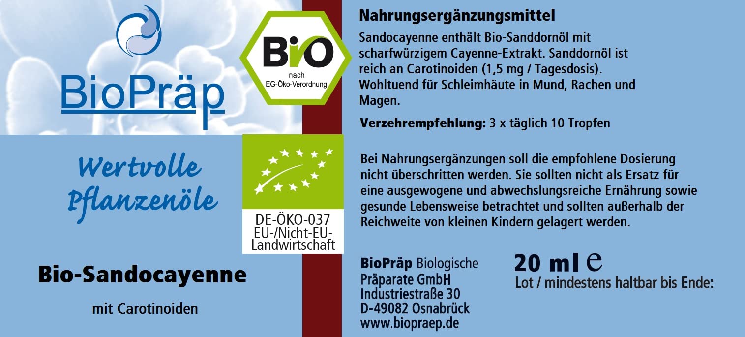 BioPräp BIO-Sandocayenne Tropfen | 20 ml | vegan und BIO | produziert in Deutschland | zertifizierte Produktion