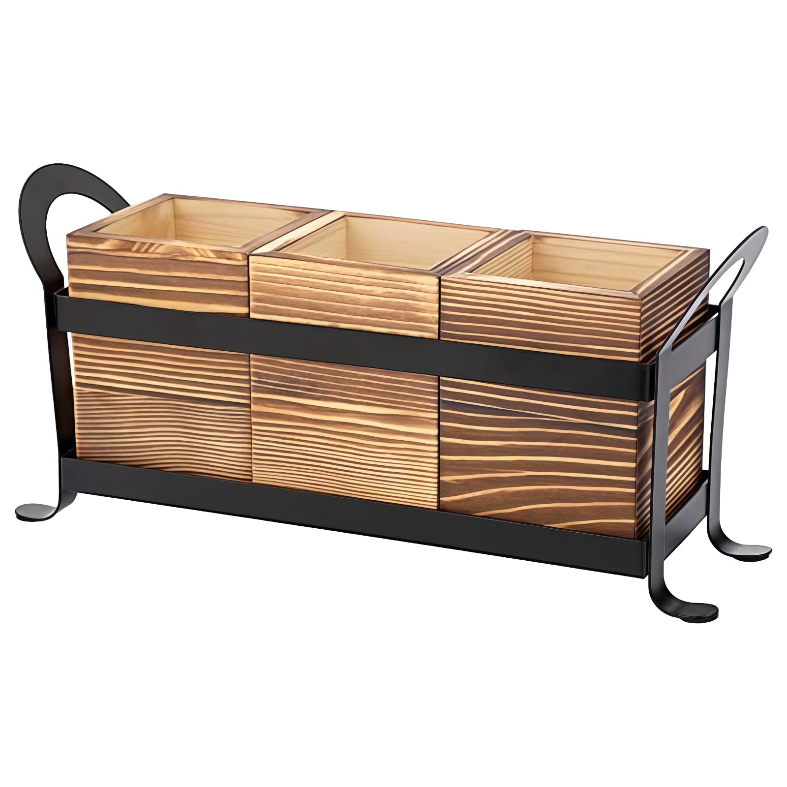 Drewniany pojemnik na sztućce z 3 sekcjami, metalowa rama, nowoczesny organizer kuchenny z bocznymi uchwytami, 13 x 3,5 x 5,9