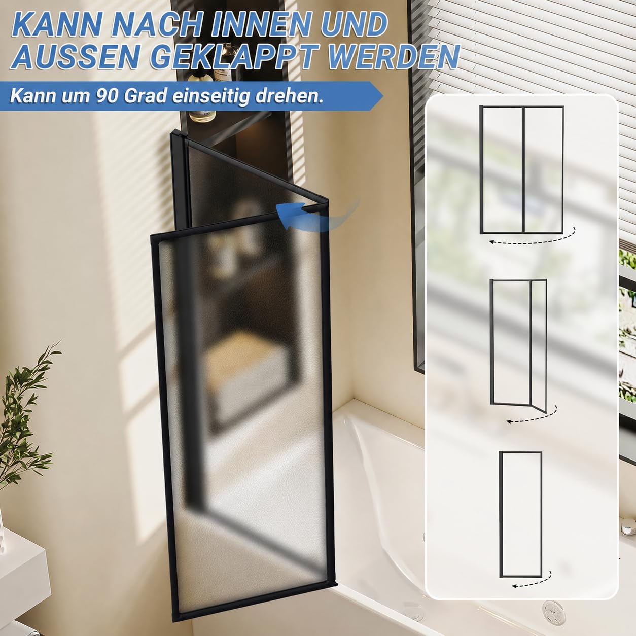 Parete doccia per vasca da bagno, 100 x 140 cm, 2 pezzi, pieghevole | telaio nero, pannello in plastica opaca, per bagno, vasca da bagno, paraspruzzi, decorativo, infrangibile