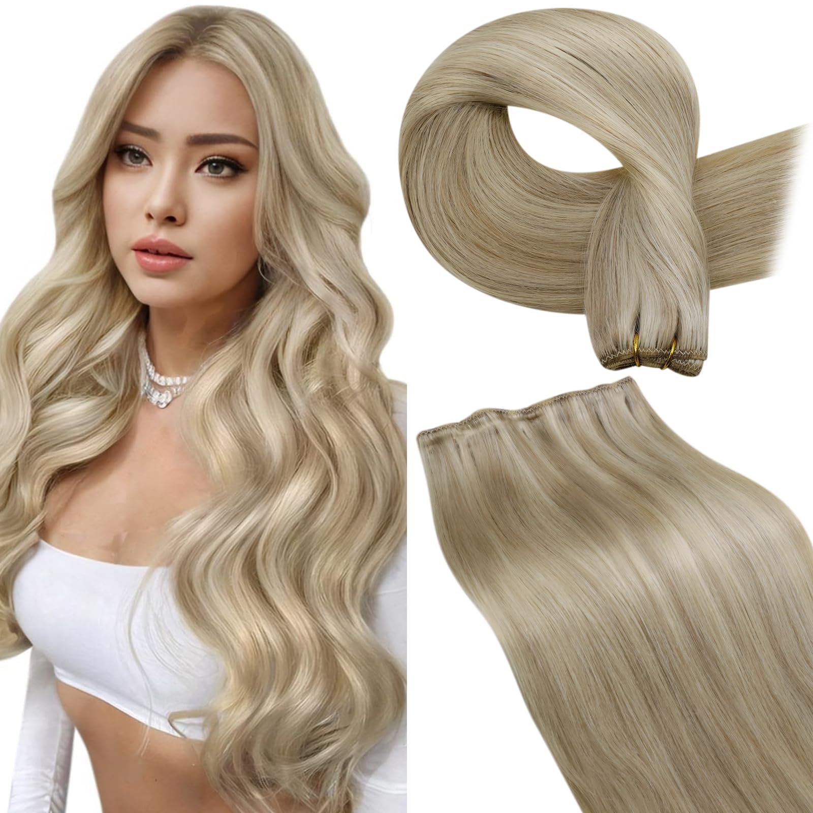 LaaVoo Weft Hair Extensions Real Human Hair 80g Blonde Sew in Hair Extensions Full Head Straight Highlight Golden Blonde Remy Invisible Double Weft Weave 14 Inch #16/22