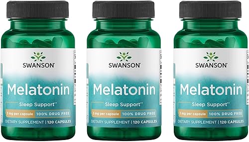 Swanson Melatonina - Suplemento herbario - Sueño y relajación - (120 cápsulas, 3 mg cada uno) (paquete de 3)