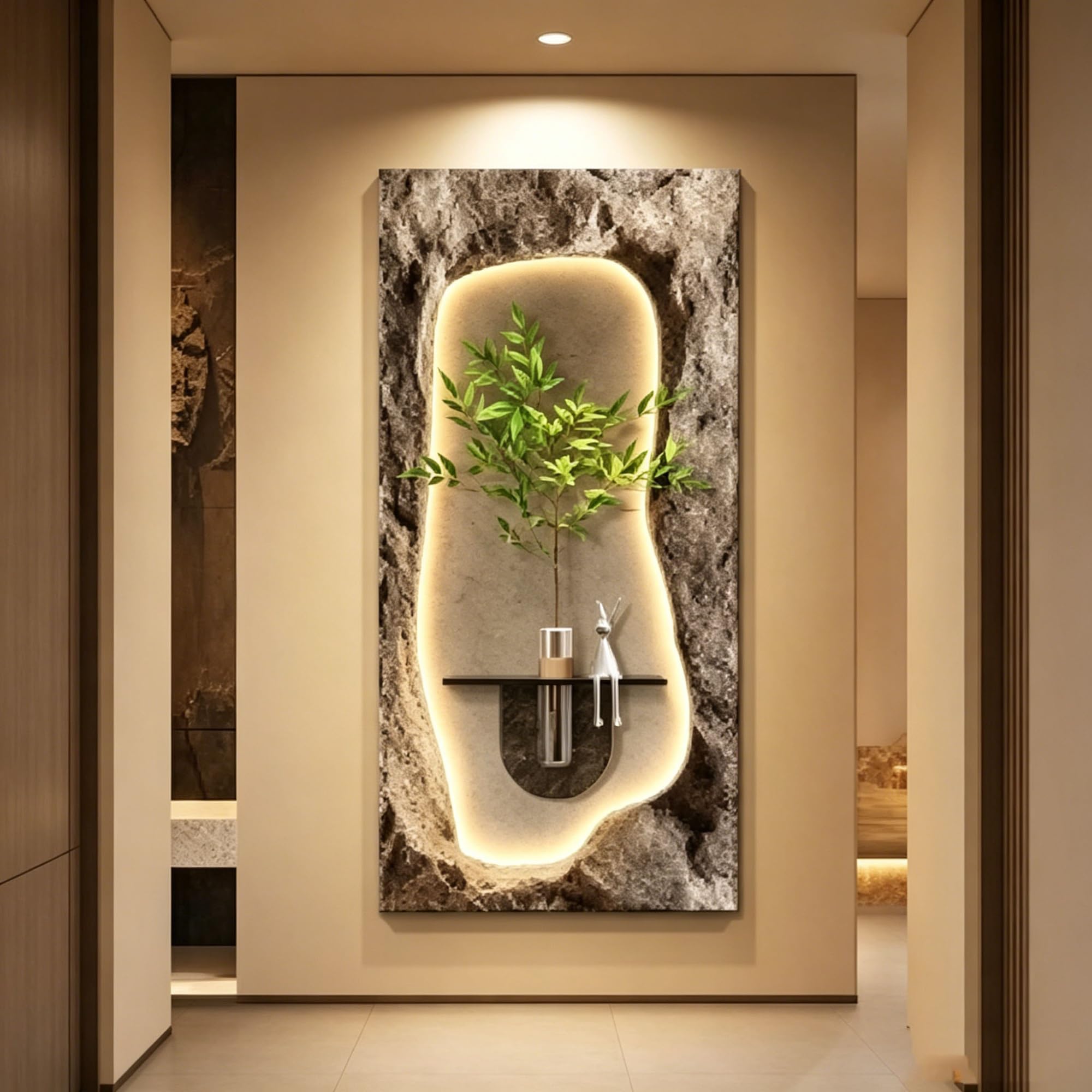 OEPCHEFACX Sandstone Texture Wall Art with LED Lights, 3D Sculptural Relief Wall Decor with Glass Vase, Modern Hanging Mural for Entrance Living Room Hallway(C,100 * 50cm/39.4 * 20in)