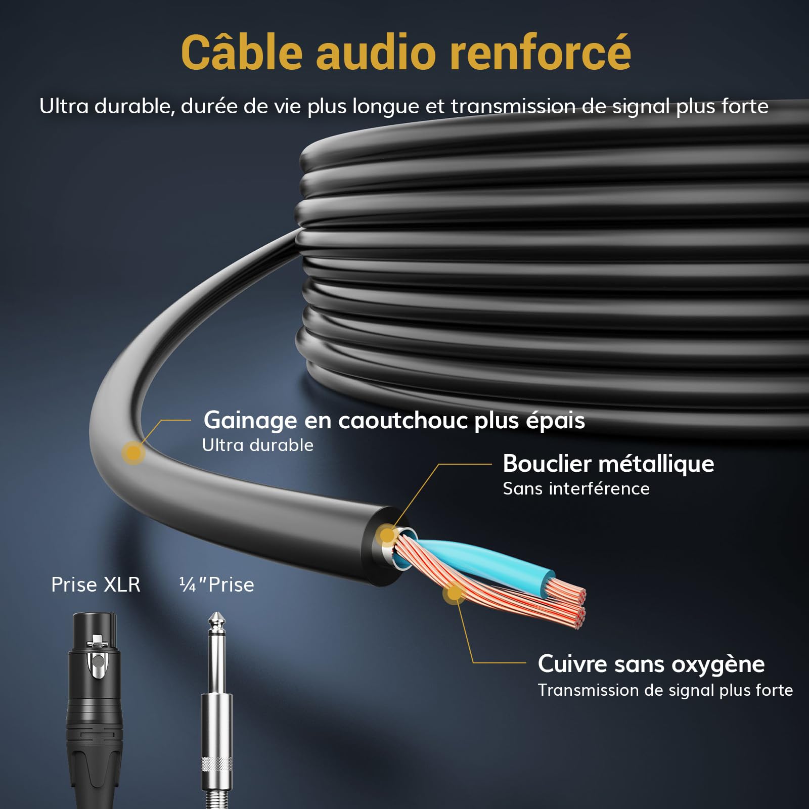 TONOR Micro Dynamique Vocal pour Le Chant, Microphone de karaoké Filaire Portable, Micro de Studio cardioïde avec XLR de 4.5M à 1/4" Câble, adapté aux Haut-parleurs/ampli/activités de Plein air D5