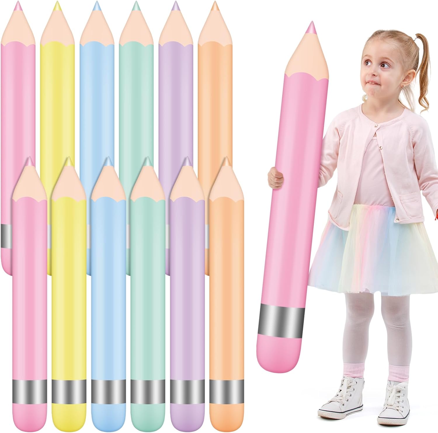 Blueweenly 12 Pcs Giant Large Inflatable Pencil Balloon Back to School Hanging Jumbo Blow up Pencils Decoration for First Day of School Party Classroom Welcome Party Photo Prop(Yellow,44 Inch)
