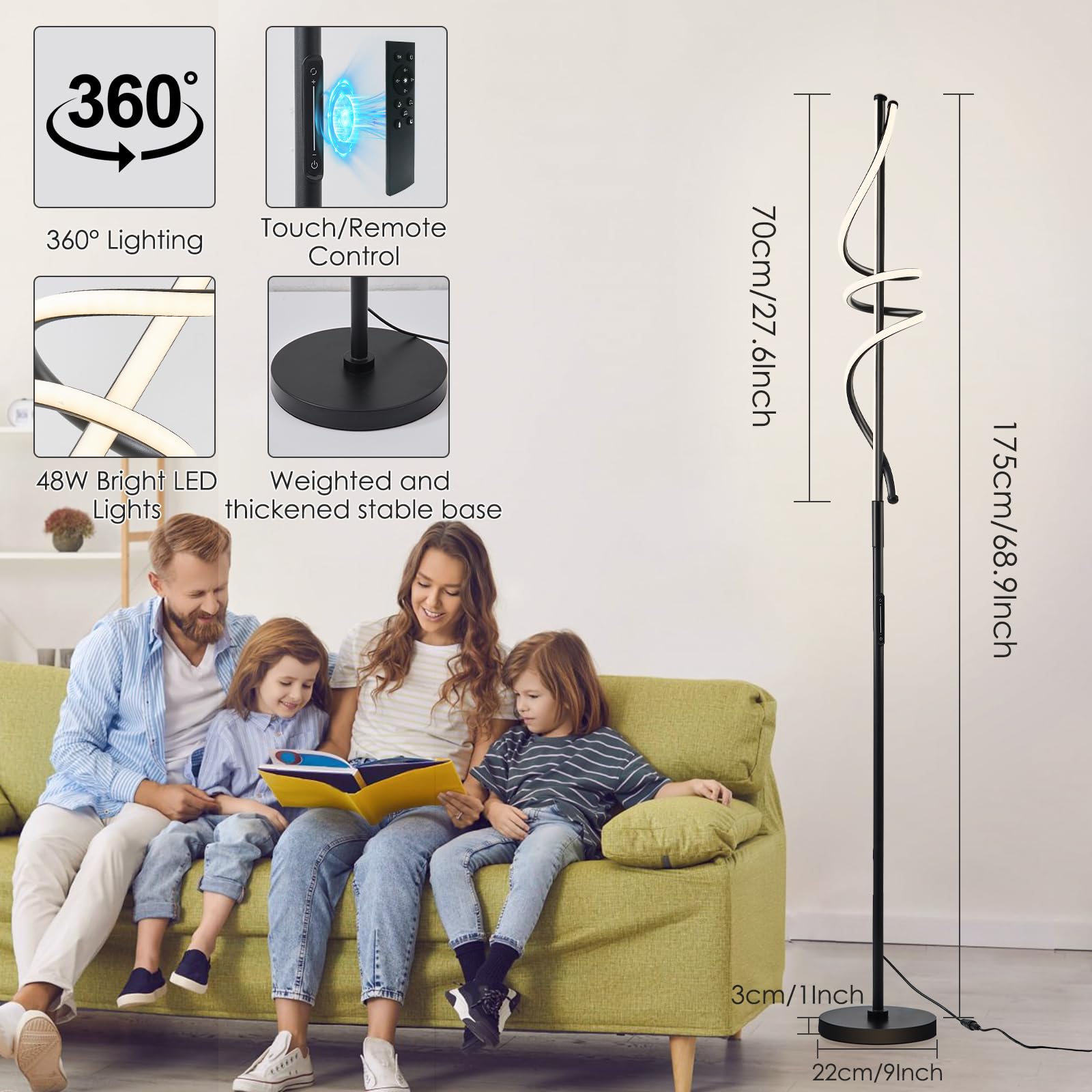 Lampada da Terra Salotto LED 48W Dimmerabile Moderno Piantana con Telecomando e Controllo Tattile 3 Temperature di Colore Spirale Design 175CM Lampada da Lettura Per Camera da Letto Nero