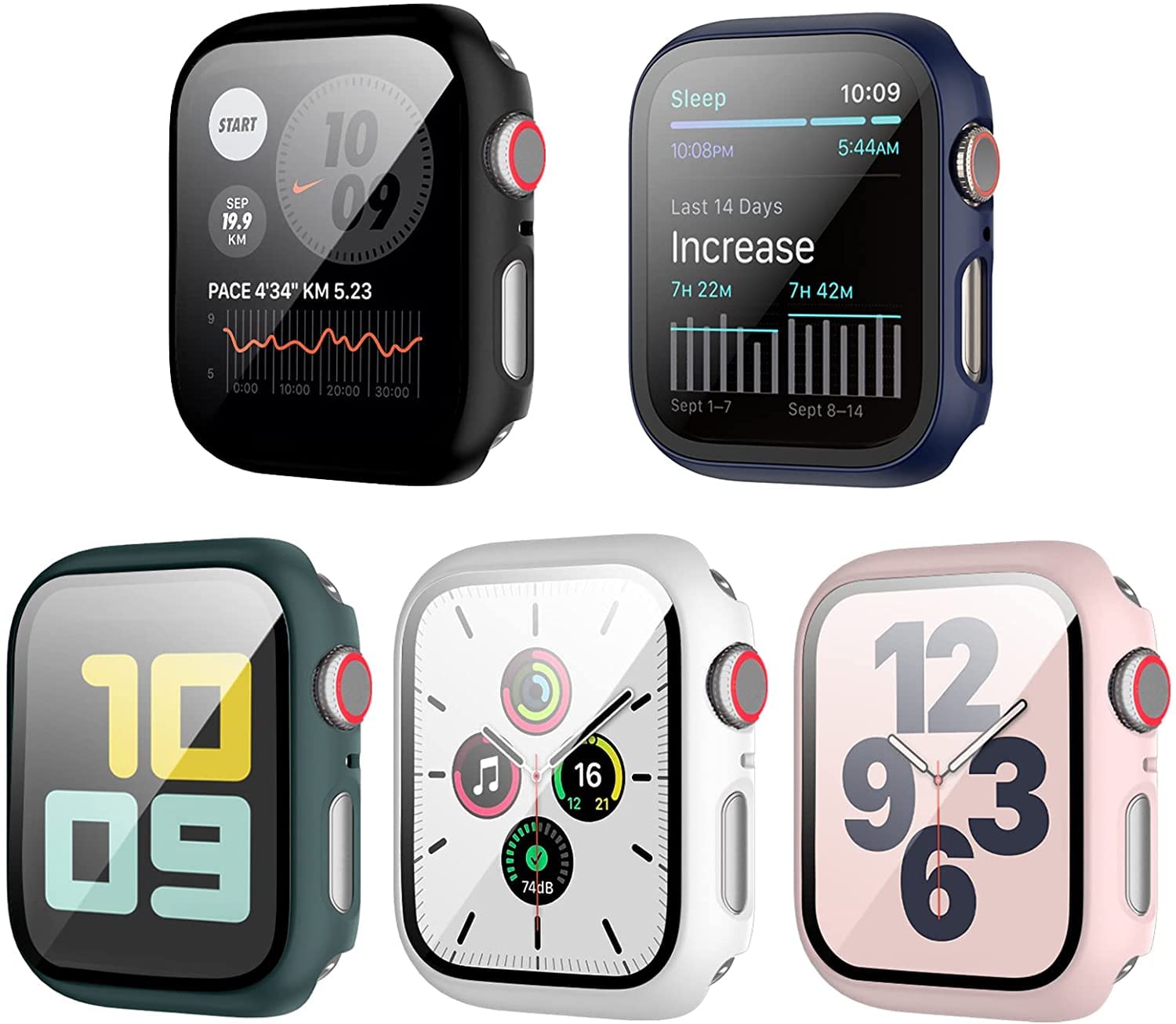 AWH2 Pack Case with Tempered Glass Screen Protector for Apple Watch Series 7 41/45mm, Slim Bumper, Hard PC Protective Cover Ultra-Thin Cover for iWatch 41/45mm, (41 mm, Black+Blue+Green+Pink+White)