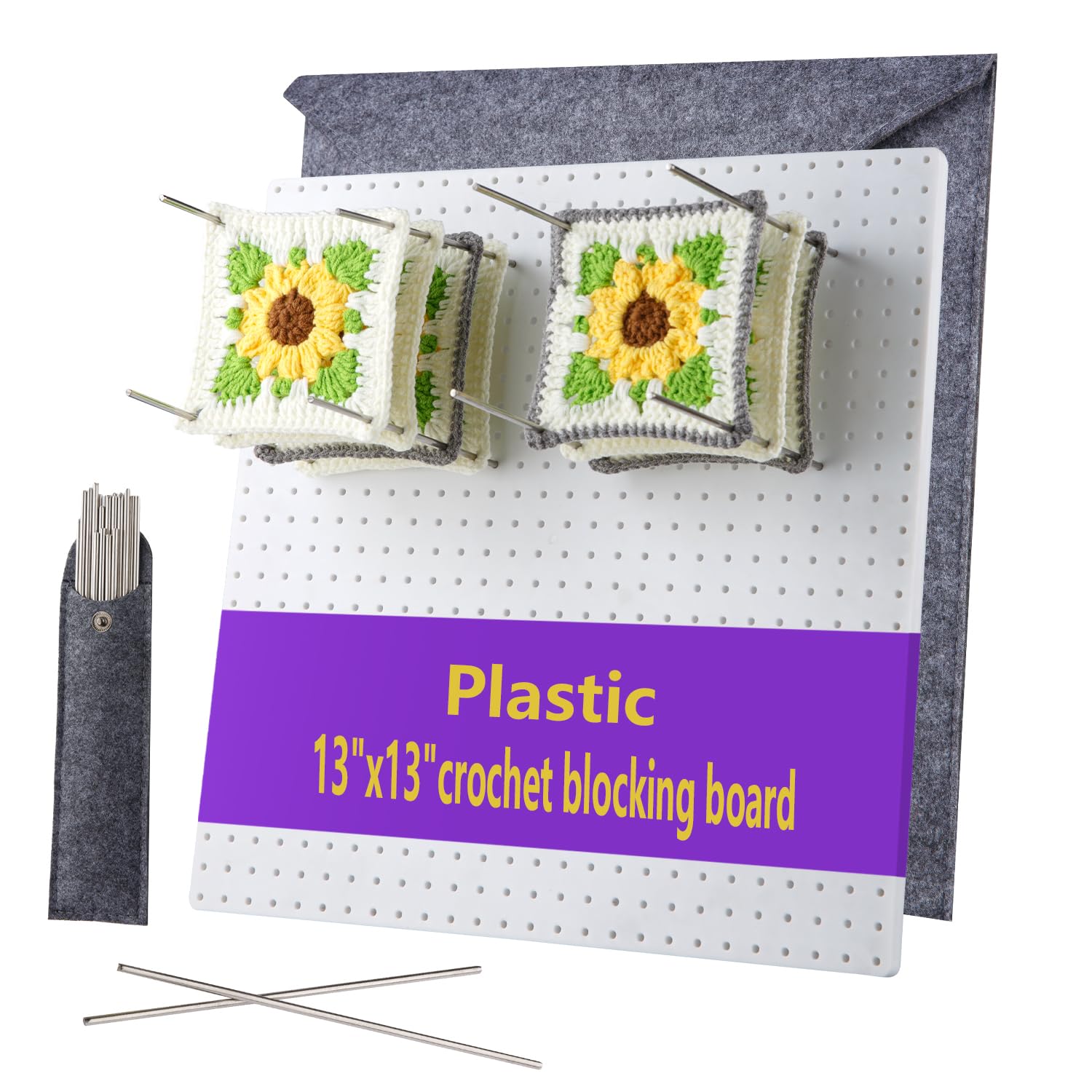 13’’Crochet Blocking Board with 20 Pegs/Pins Granny Square Blocking Boards for Crochet Projects,Plastic Waterproof Crochet Peg Blocking Board Gift for Crocheters and Beginners