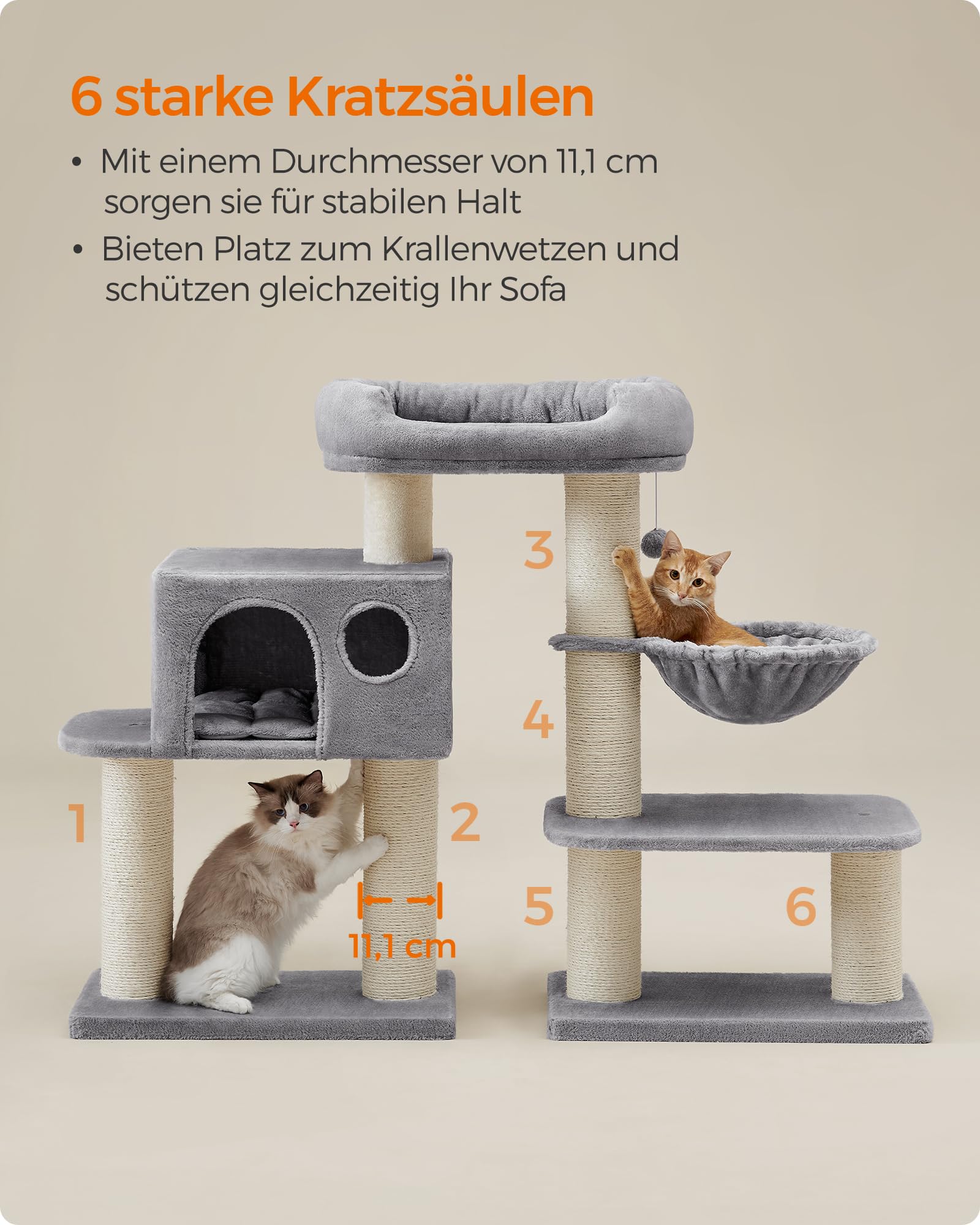 Feandrea Kratzbaum für große Katzen, XXL, hochbelastbar, Katzenturm mit 6 extra dicken Kratzsäulen, große Plattform, Höhle, Korb, flexibel aufbauen, abnehmbare, waschbare Kissen, hellgrau PCT01W