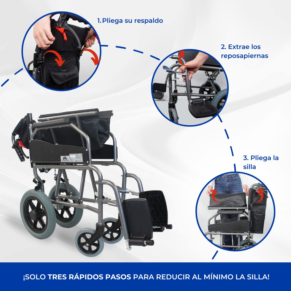 Mobiclinic, Silla de Ruedas tránsito, Museo, Plegable, Aluminio, Ultraligera, Freno en manetas, Respaldo abatible, Asiento 45 cm, Reposapiés, Reposabrazos, Color Negro