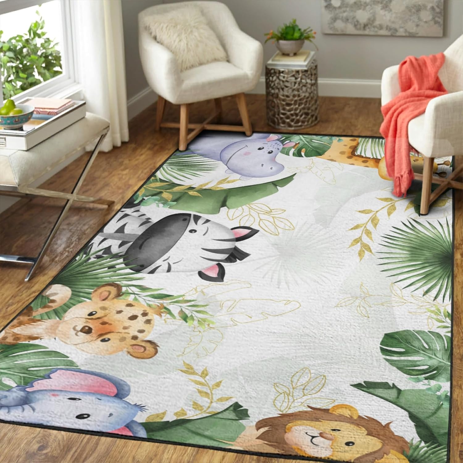 Tropical Jungle Safari Animals Leaves Area Rugs Lion Elephant Giraffe Hippo Zebra Green Leaves Floor Mats Baby Animals Throw Carpets for Toddler Nursery Bedroom Living Room Bathroom Playmat 20x32inch