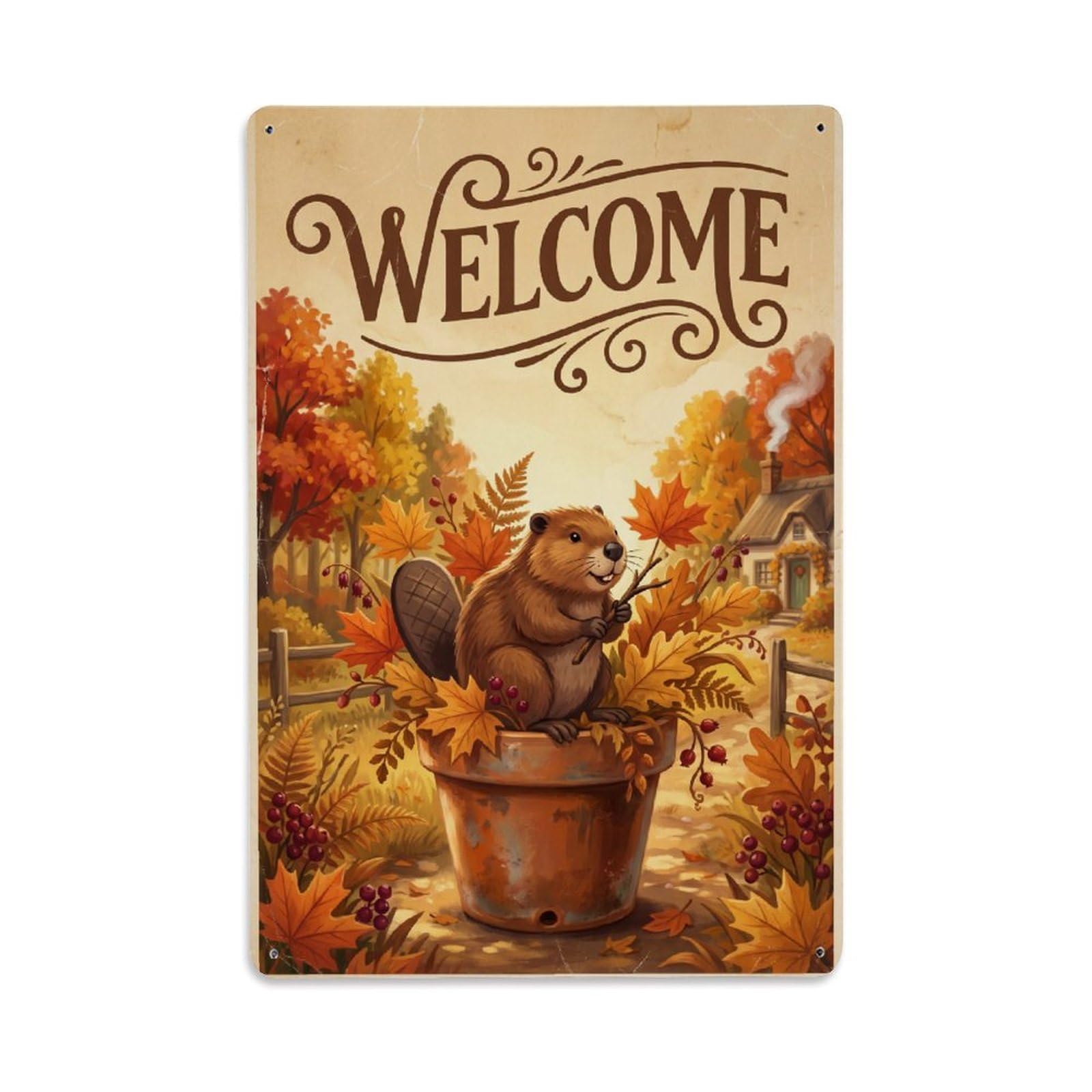 Vintage Welcome Beaver Cozy Corner Metal Tin Sign