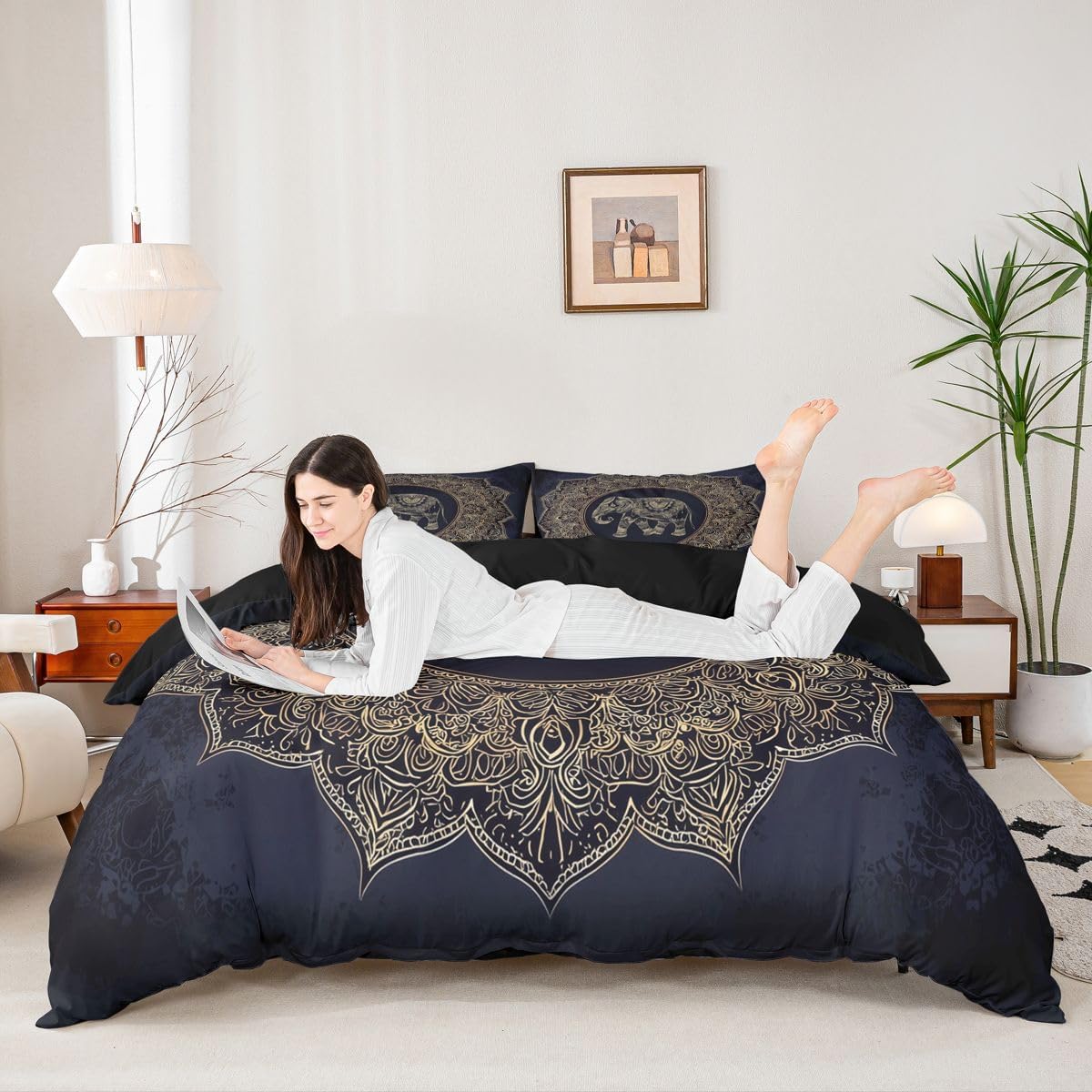Feelyou Queen Duvet Cover Set Bohemian Cute Elephant Mandala Bedding Set Black Golden Boho Comforter Cover with Pillow Shams Kids Teens Adults Quilt Cover Set 3Pcs Floral Print