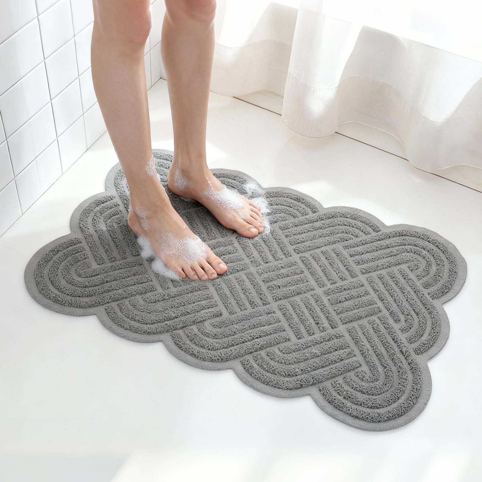 Shower Mat Non Slip Anti Mould, 44 x 74 cm 3D Woven Embossed Bath Mat with Drain, Soft PVC Loofah Shower Mats for Inside Shower, Wet Areas, Quick Dry Bathroom Mat for Elderly (Grey)