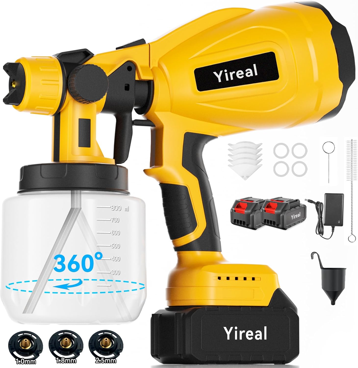 Cordless Paint Sprayer with Battery Powered 2 of 2000mAh 2 of 800ML Containers and 3 Copper Nozzles, Electric Paint Sprayer Gun for House Painting Furniture Cabinets Fence Wall Home