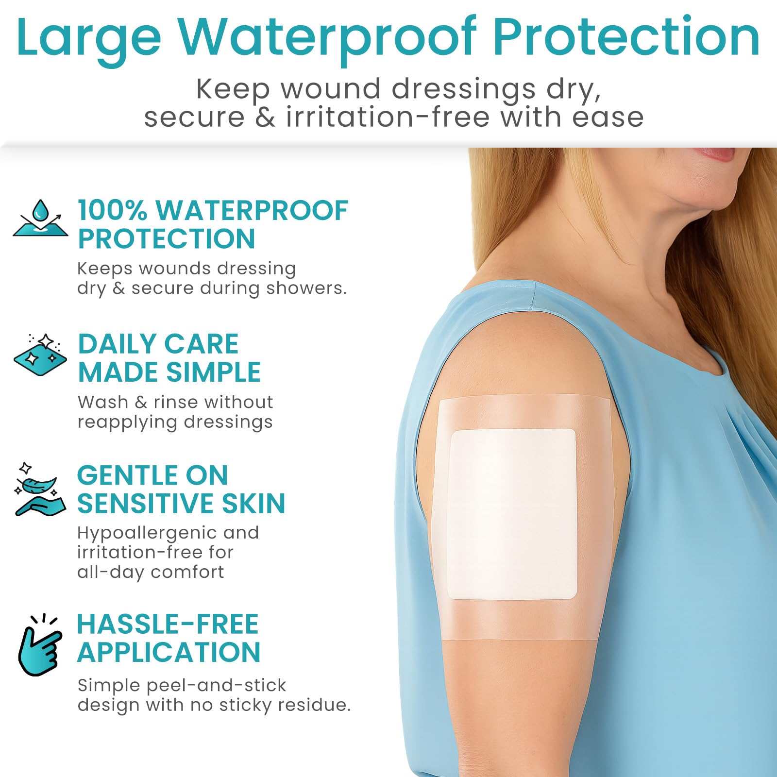 ViveCare Großer transparenter Folienverband, wasserdichte Bandagen, transparente Wundabdeckung zum Duschen, Tattoos, Duschschutz für nach Operationen, postoperative Pflaster für die Haut (17,8 x 17,8