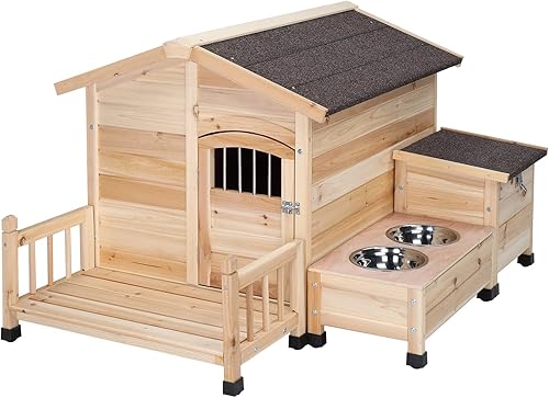 Miniatura 2 de Taivoze Casa de madera para perros perrera con cuencos de alimentación refugio para mascotas con techo de asfalto resistente a la intemperie y al