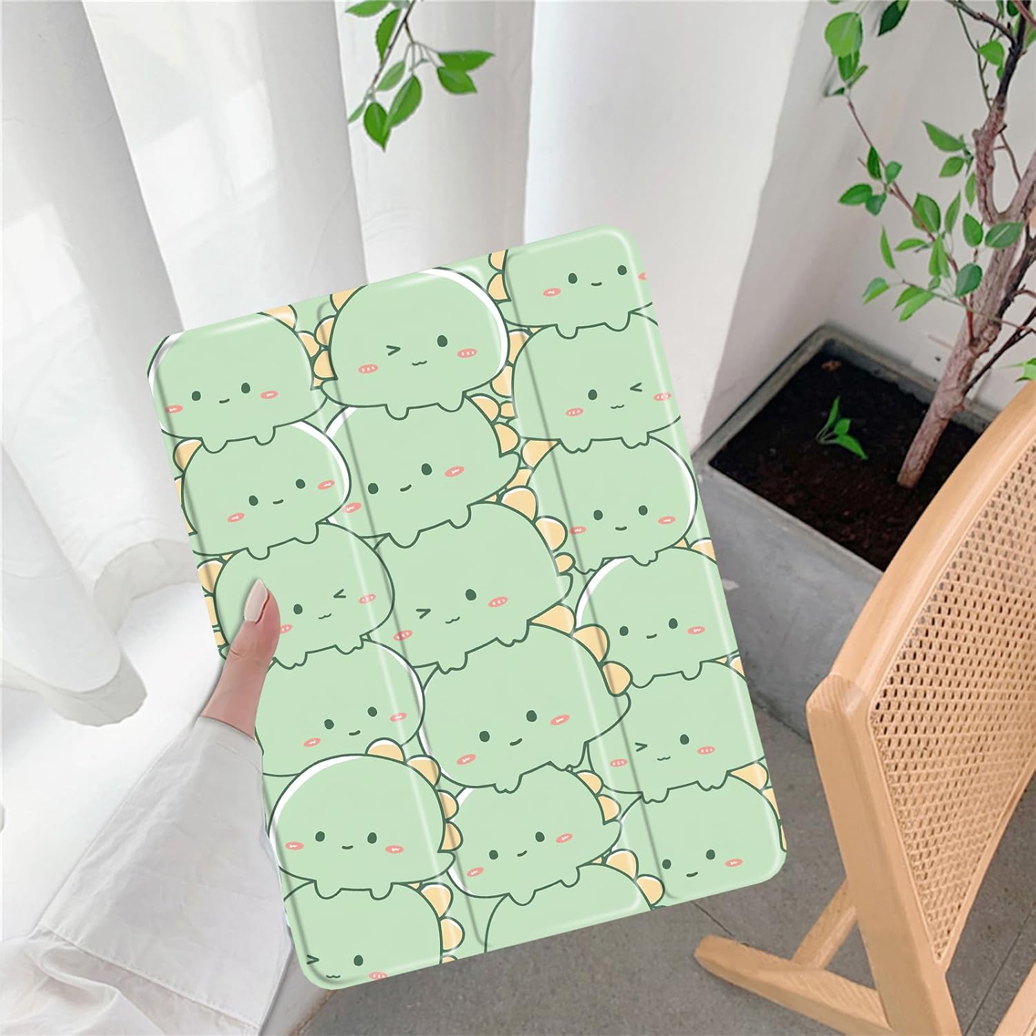 Light Green Dinosaur Pattern Case for iPad 2022 (iPad 10th) Unique Case,Pencil Holder & Clear Acrylic Back & Trifold Stand Cover for Women image 2