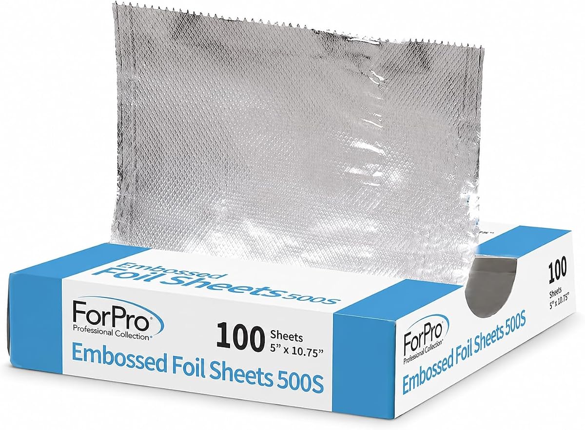 ForPro Hojas de papel de aluminio para cabello profesional en relieve para color y reflejos de cabello de salón, láminas de aluminio precortadas, textura en relieve antideslizante, 5" W x 10.75" L, 100 unidades