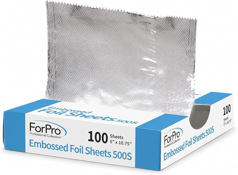 ForPro Hojas de papel de aluminio para cabello profesional en relieve para color y reflejos de cabello de salón, láminas de aluminio precortadas, textura en relieve antideslizante, 5" W x 10.75" L, 100 unidades