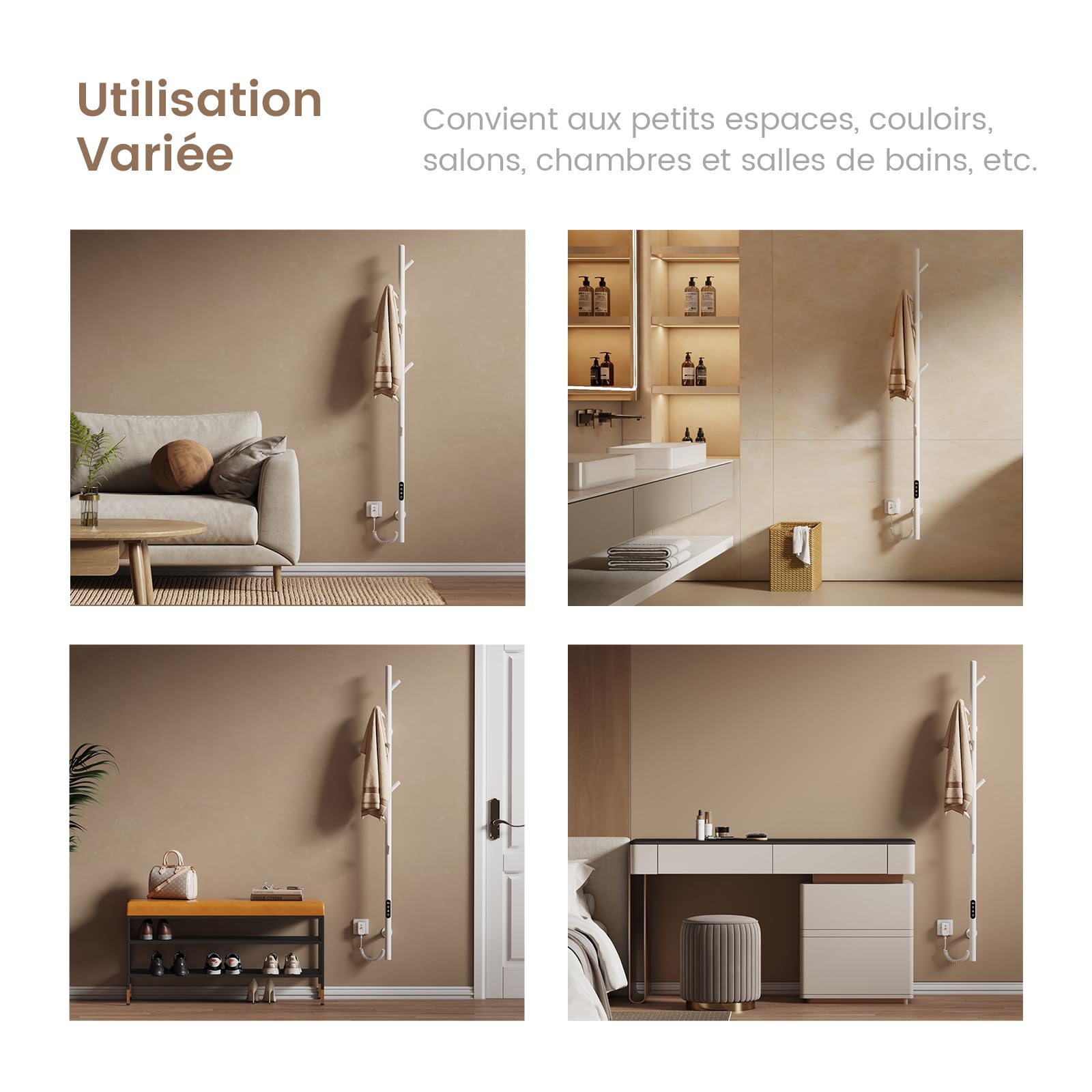 EMKE Sèche-Serviettes Électrique, Blanc,Thermostat Intelligent WiFi | Chauffe-Serviettes Électrique, Barre Unique, 150 cm de Hauteur