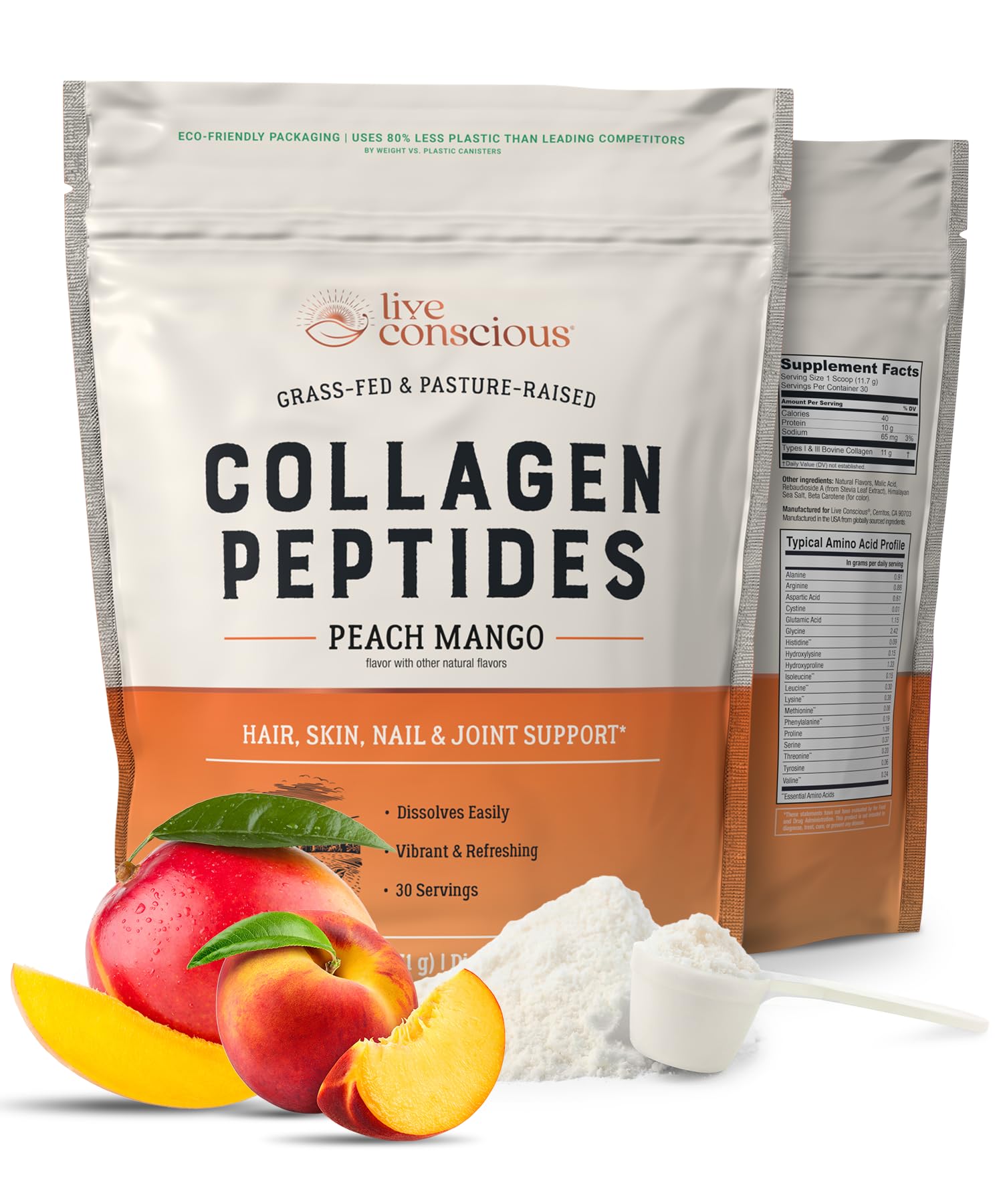 Live Conscious Collagen Peptides Powder - Peach Mango Flavored Collagen Powder - Hair, Skin, Nail, & Joint Support - Type I & III Grass-Fed Collagen Supplements for Women and Men - 30 Servings - 13oz