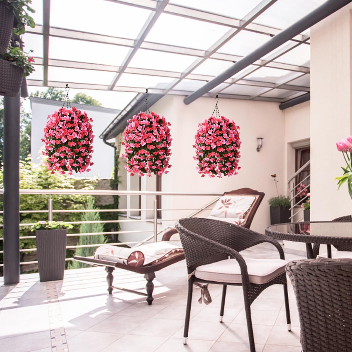 INQCMY Artificial Hanging Flowers Basket for Outdoors Spring Summer Decoration,Faux Silk Begonia in Planter Look Real UV Resistant for Outside Home Porch Patio Garden Balcony Yard Decor(Deep Pink) - Image 4