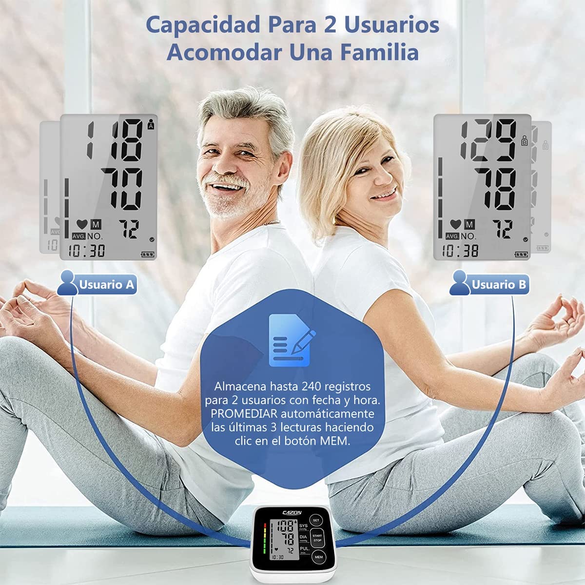 CAZON Tensiómetro de Brazo, Monitor de presiónarterial para uso doméstico. Detector electrónico defrecuencia cardiaca con brazalete 22-40cm,2X120memoria (Negro) — view 4