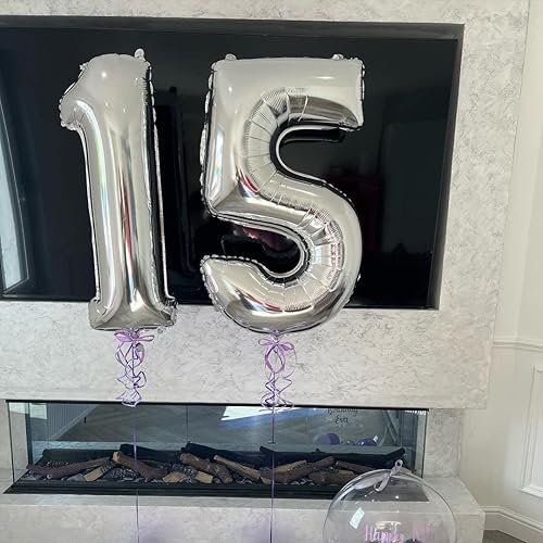 Miniatura 6 de 15 Globos de Números Plateados 15 o 51 Globos Número 40 Pulgadas Número 15 Globos de Papel de Aluminio Mylar para Fiestas de Cumpleaños de 15 o 51