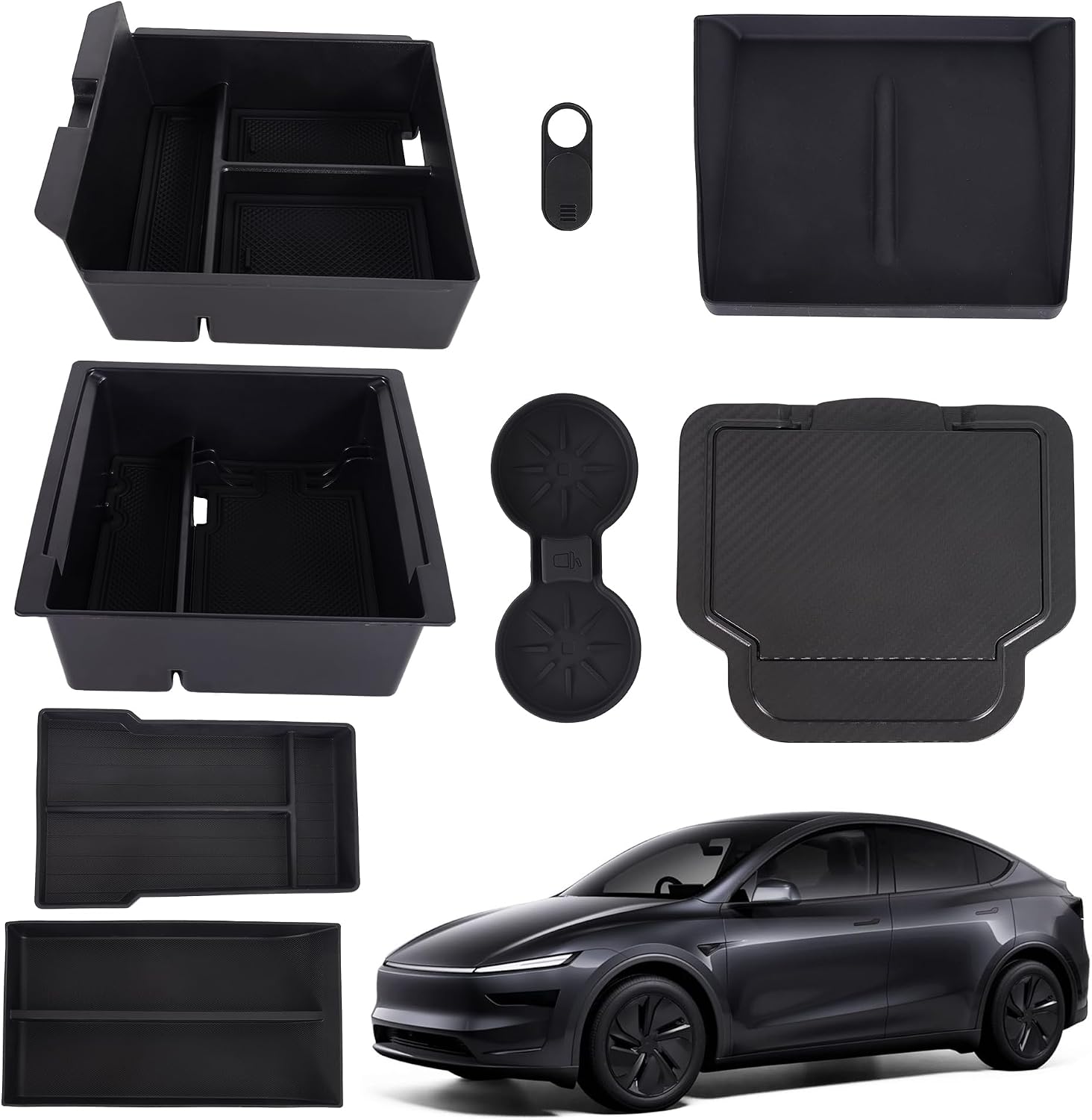RUTU Center Console Organizer for Tesla New Model Y Juniper (2025-2026) & Model 3 Highland (2024-2026) [Double Layer Space, Slide Smoothly] Accessories, 8PCS Black