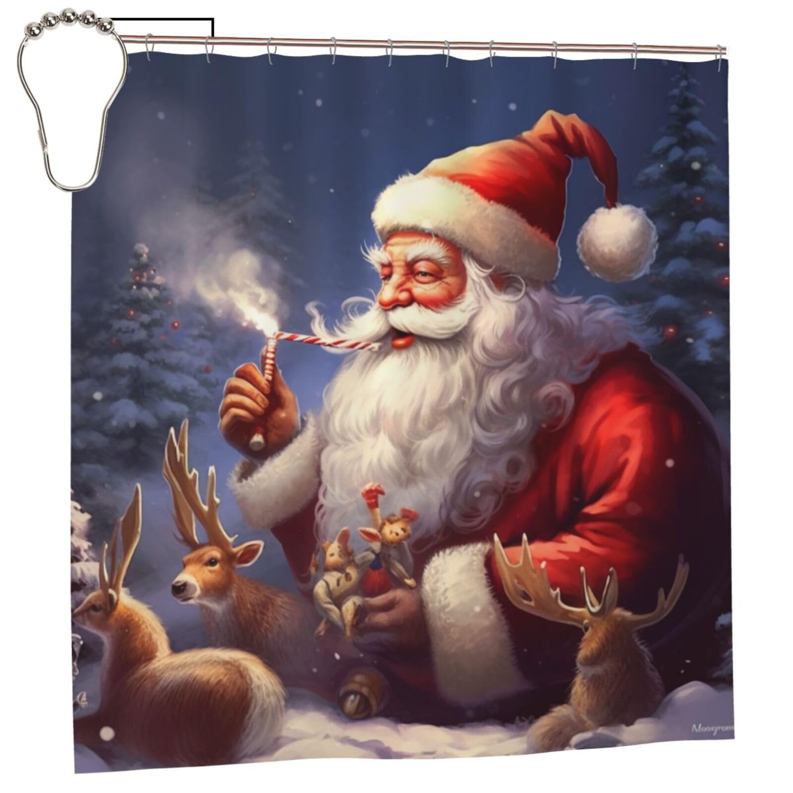 BWWHCCTI Santa Claus print Printed Shower Curtain With 12 Iron Hooks Opaque Quick Drying Waterproof Shower Curtains Sets For Bathroom 183x183 CM