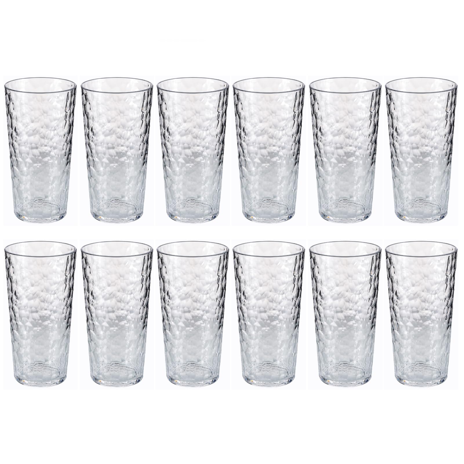 ZAINCA 24-ounce Plastic Tumblers, Acrylic Drinking Glasses High-Balls, set of 12 Clear, Reusable Plastic Cups, Hammered Style Stackable, BPA-Free, Shatter-Proof, Dishwasher-Safe