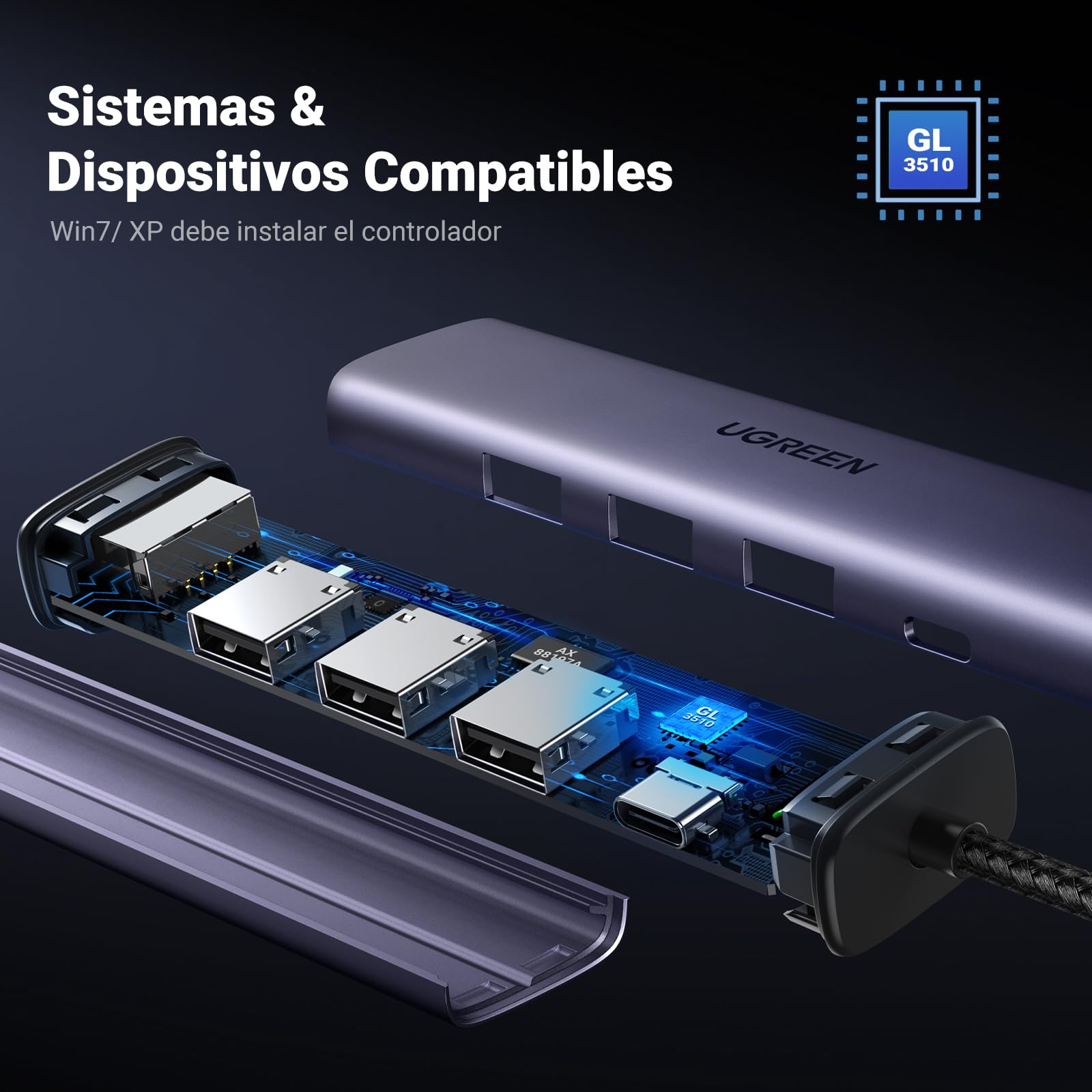 UGREEN Hub Ethernet USB 3.0 1000Mbps Concentrador RJ45 con 3 Puertos Adaptador de Red LAN Gigabit Convertidor Carcasa de Aluminio Cable Trenzado Plug y Play en Windows 11 10 8 Mac OS