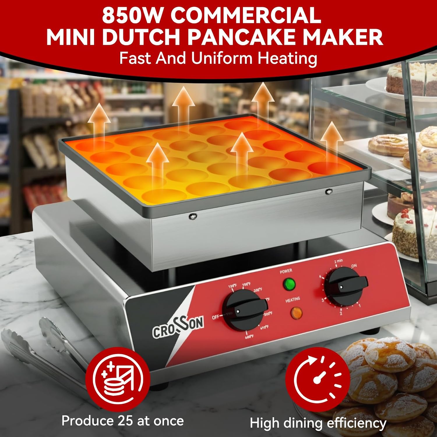 CROSSON Mini Pancake Maker, 25PCS 43mm Diameter Dutch Muffin Waffle Baker, Non-stick Stainless Steel Poffertjes Grill, Commercial Electric Dorayaki Machine W/Temp & Time Control 120V/850W