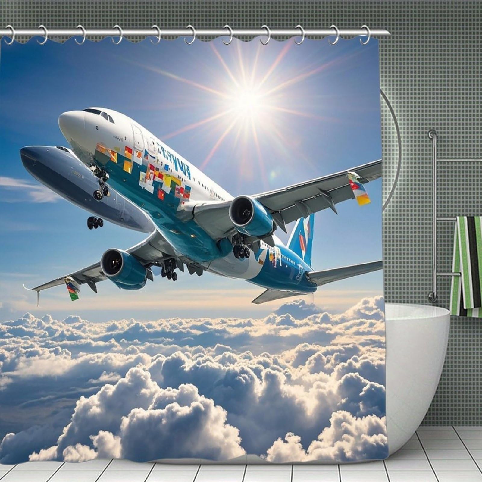 FekiLoot Airplane Shower Curtain Minimalist Aesthetic Bath Curtain with Hooks Simple Water Resistant Bathroom Shower Curtains Cute Blackout Privacy Curtains Cloth Curtain
