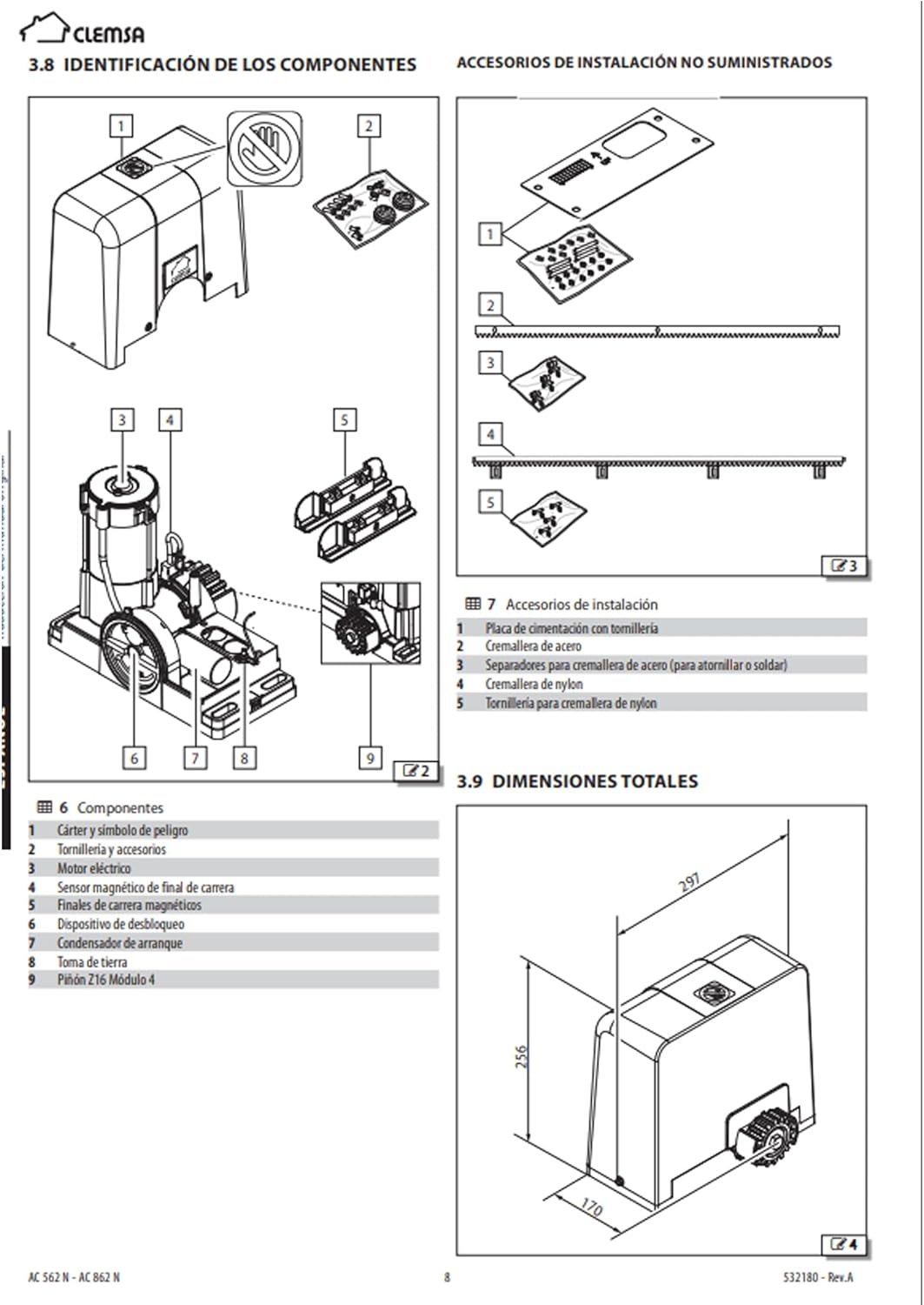 CLEMSA AC 562 N Component Identification and Non-Supplied Accessories